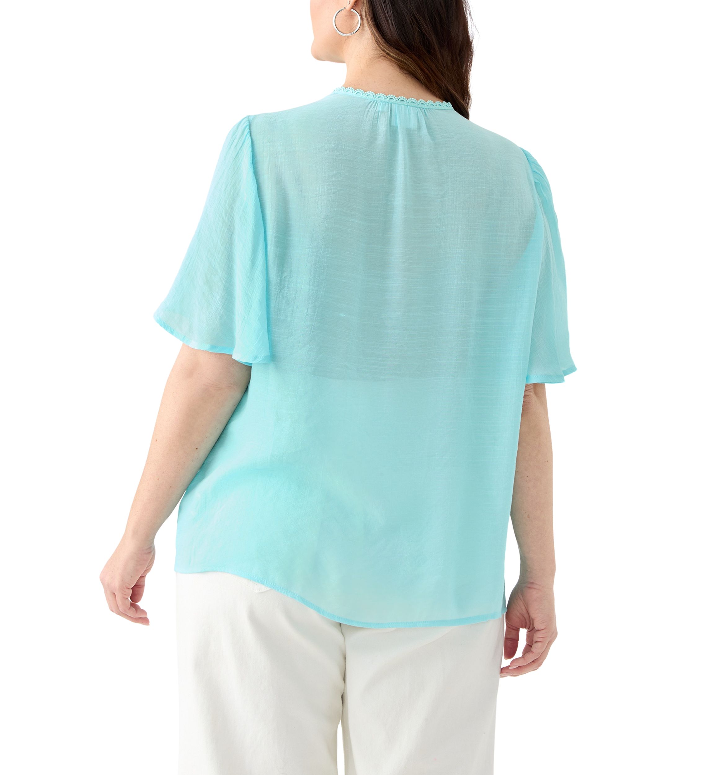 Plus Size Flutter Sleeve V-Neck Button Down Slub Woven Blouse