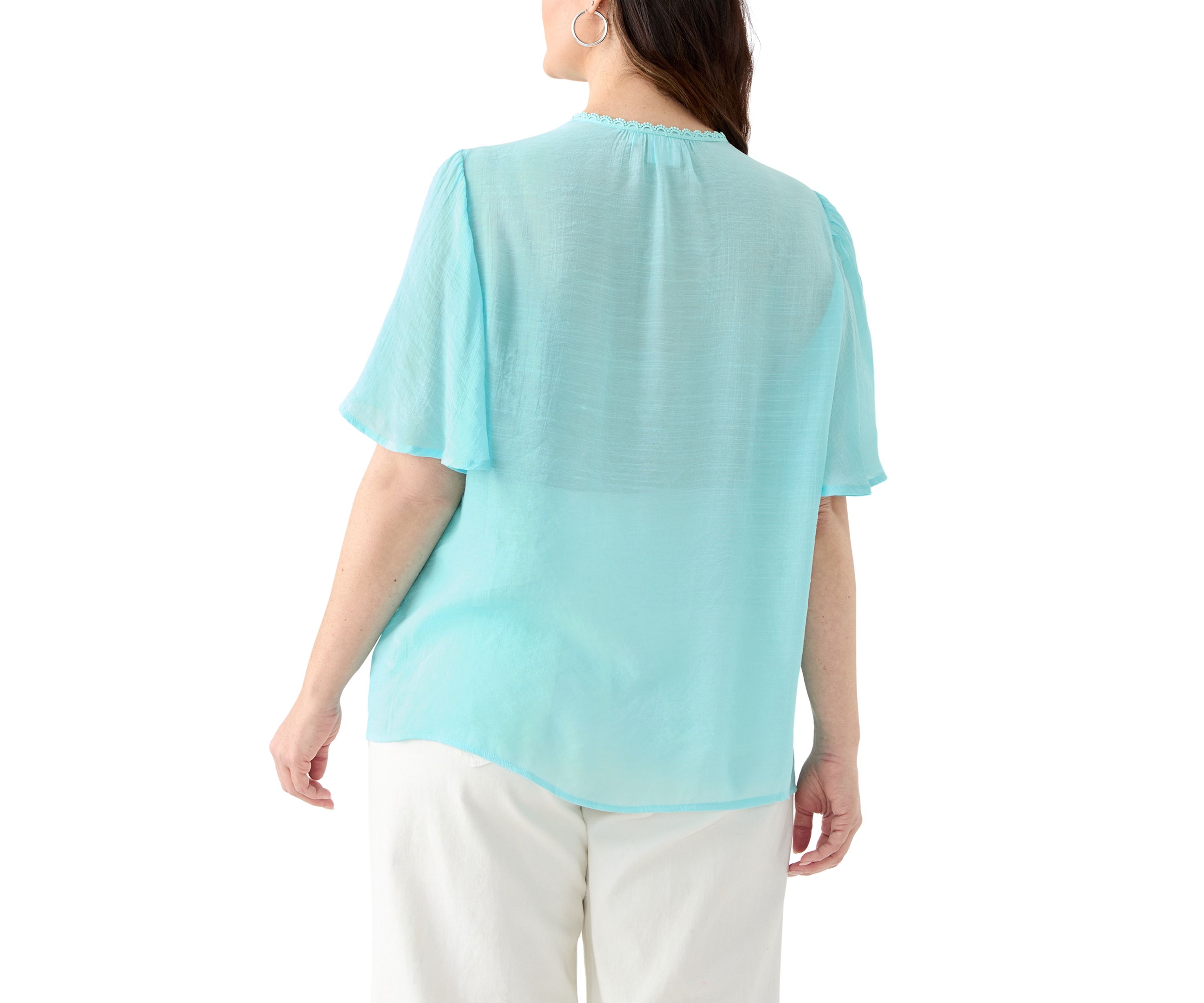 Plus Size Flutter Sleeve V-Neck Button Down Slub Woven Blouse