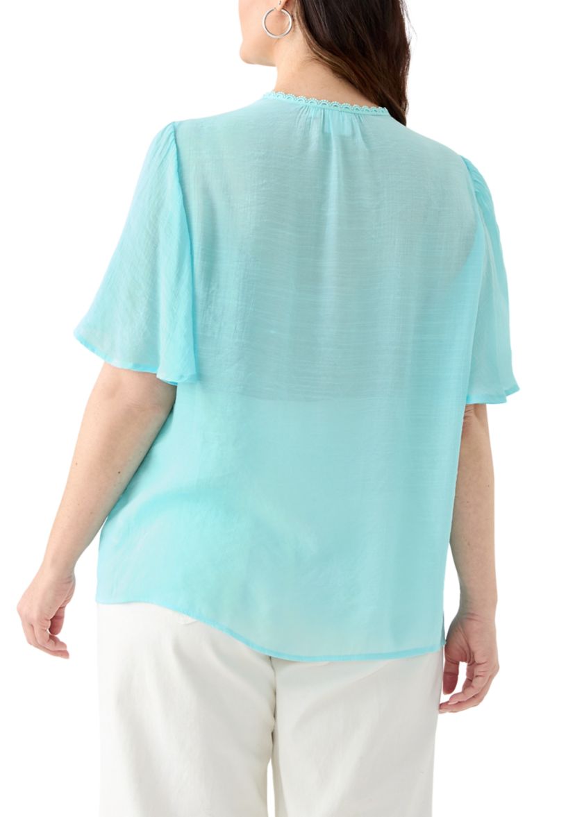 Plus Size Flutter Sleeve V-Neck Button Down Slub Woven Blouse