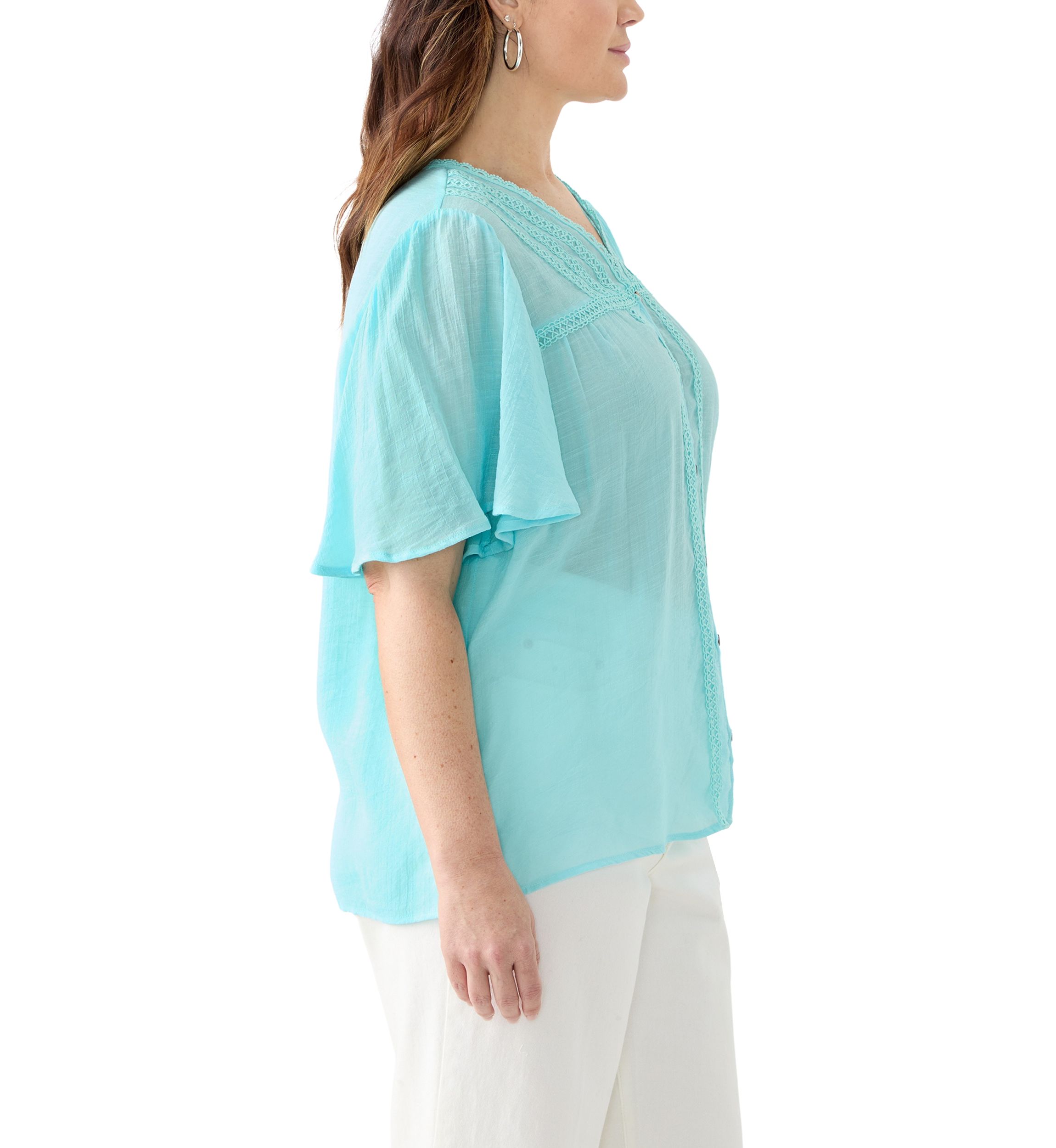 Plus Size Flutter Sleeve V-Neck Button Down Slub Woven Blouse
