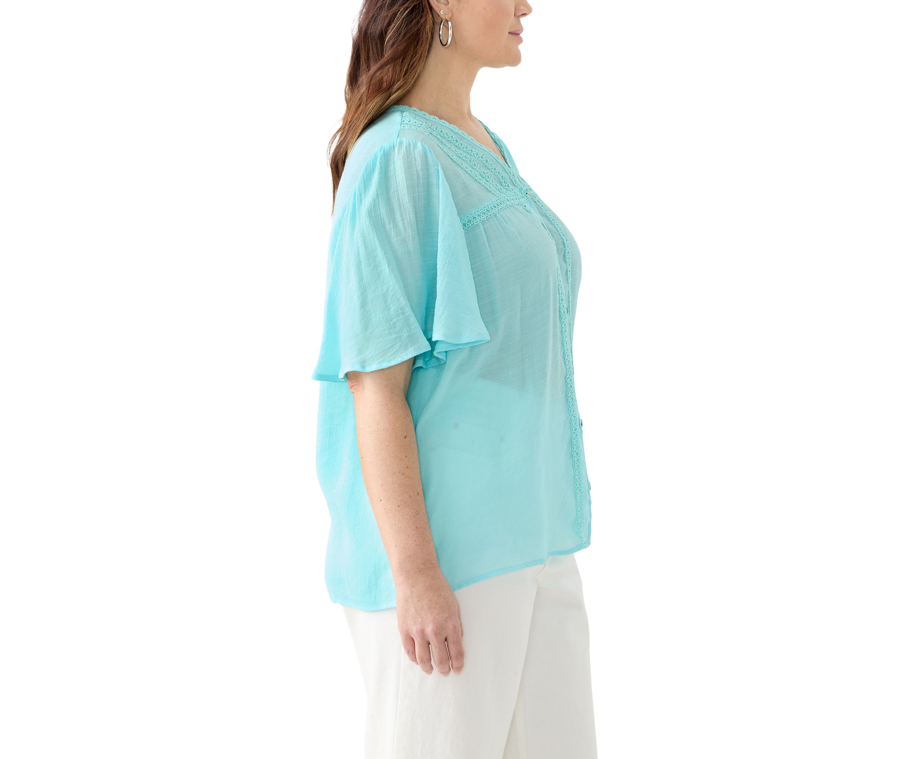 Plus Size Flutter Sleeve V-Neck Button Down Slub Woven Blouse