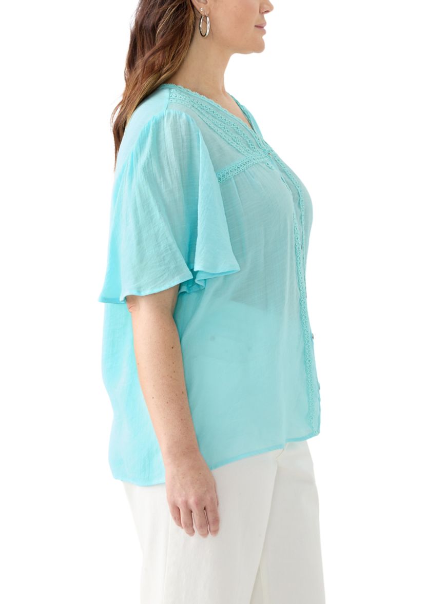 Plus Size Flutter Sleeve V-Neck Button Down Slub Woven Blouse