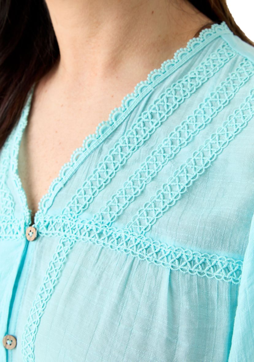 Plus Size Flutter Sleeve V-Neck Button Down Slub Woven Blouse