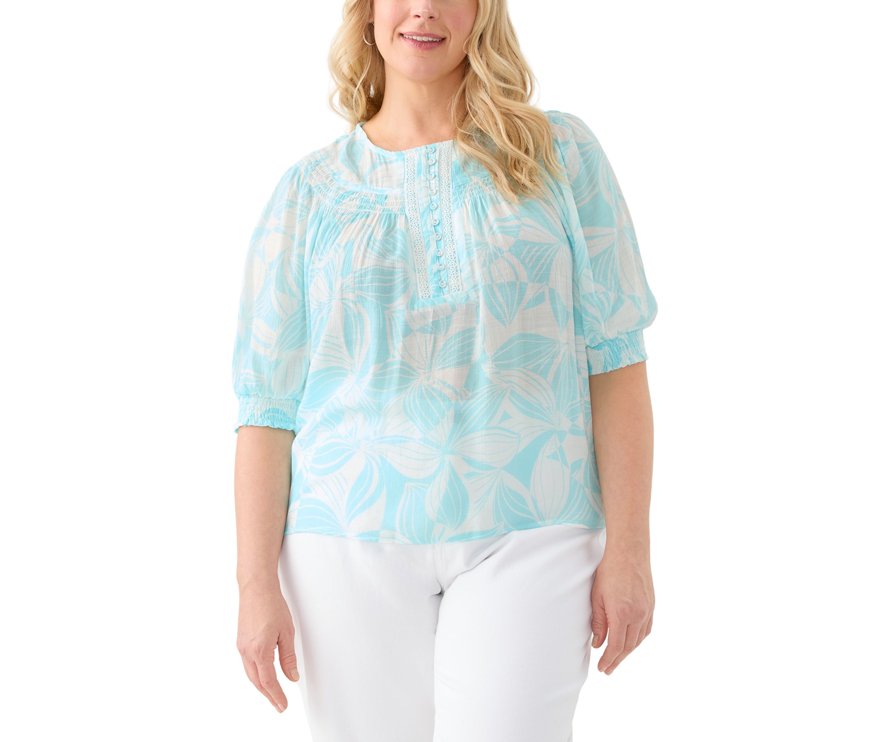 Plus Size Short Sleeve Button Placket Slub Woven Blouse