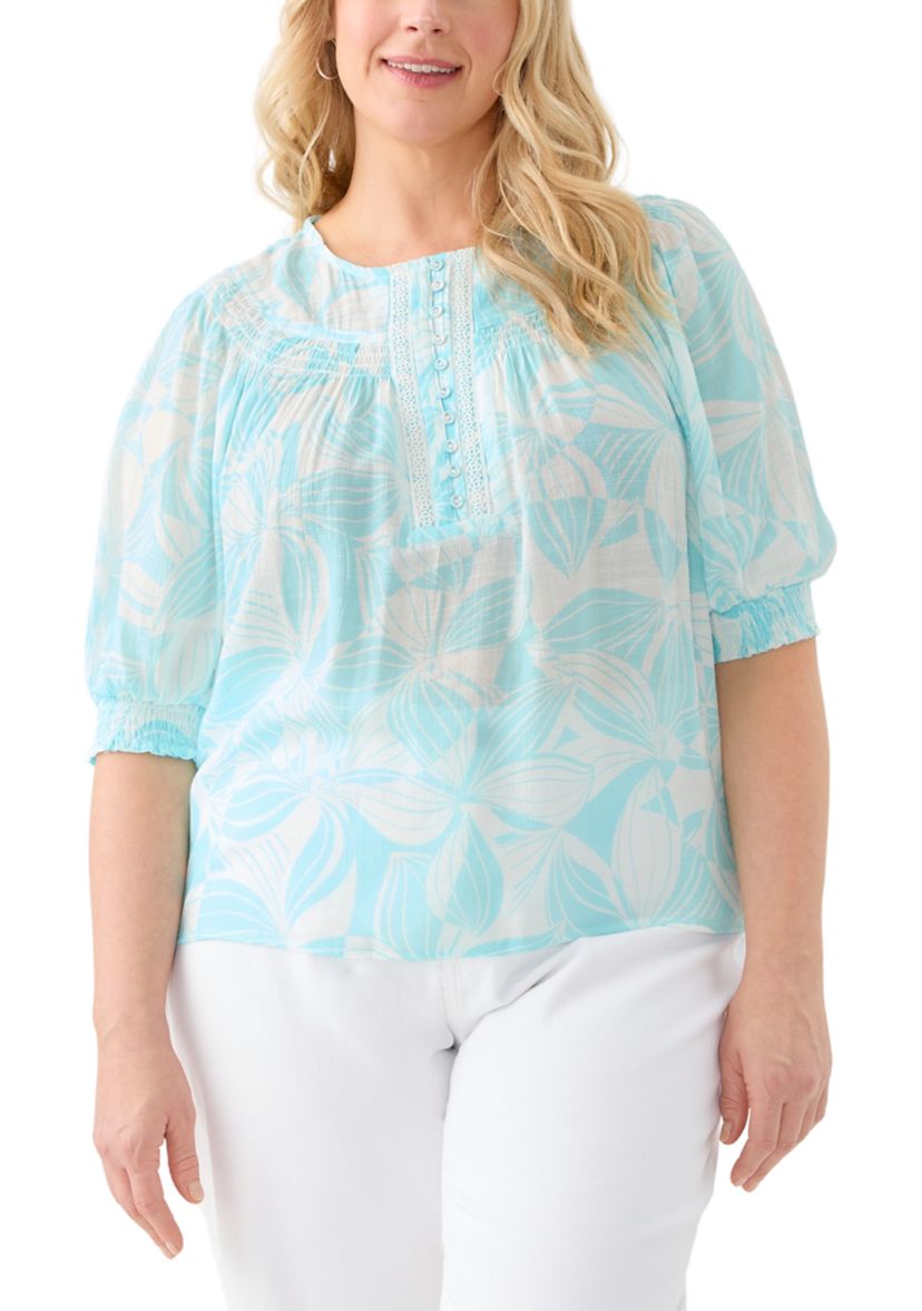 Plus Size Short Sleeve Button Placket Slub Woven Blouse