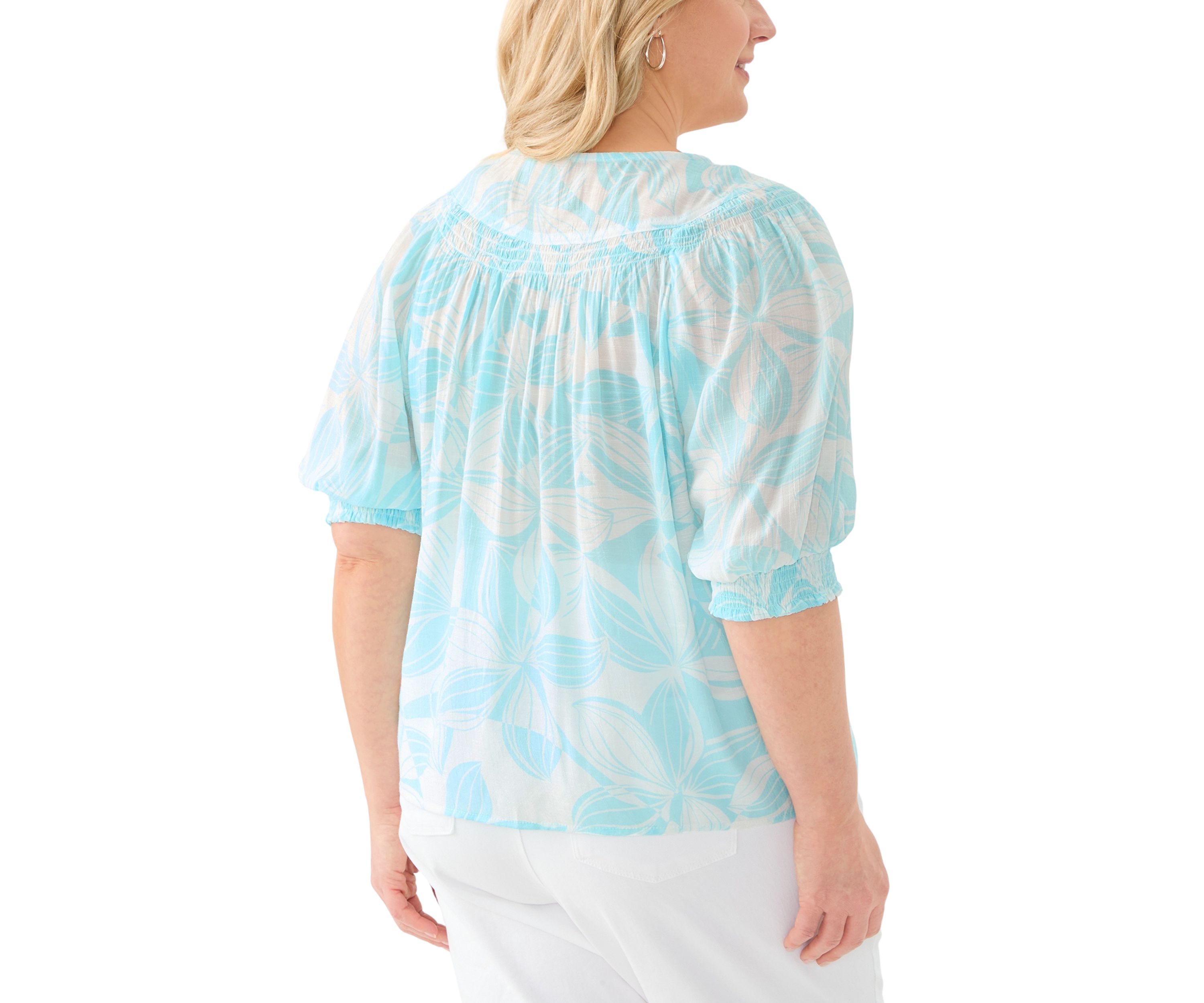 Plus Size Short Sleeve Button Placket Slub Woven Blouse