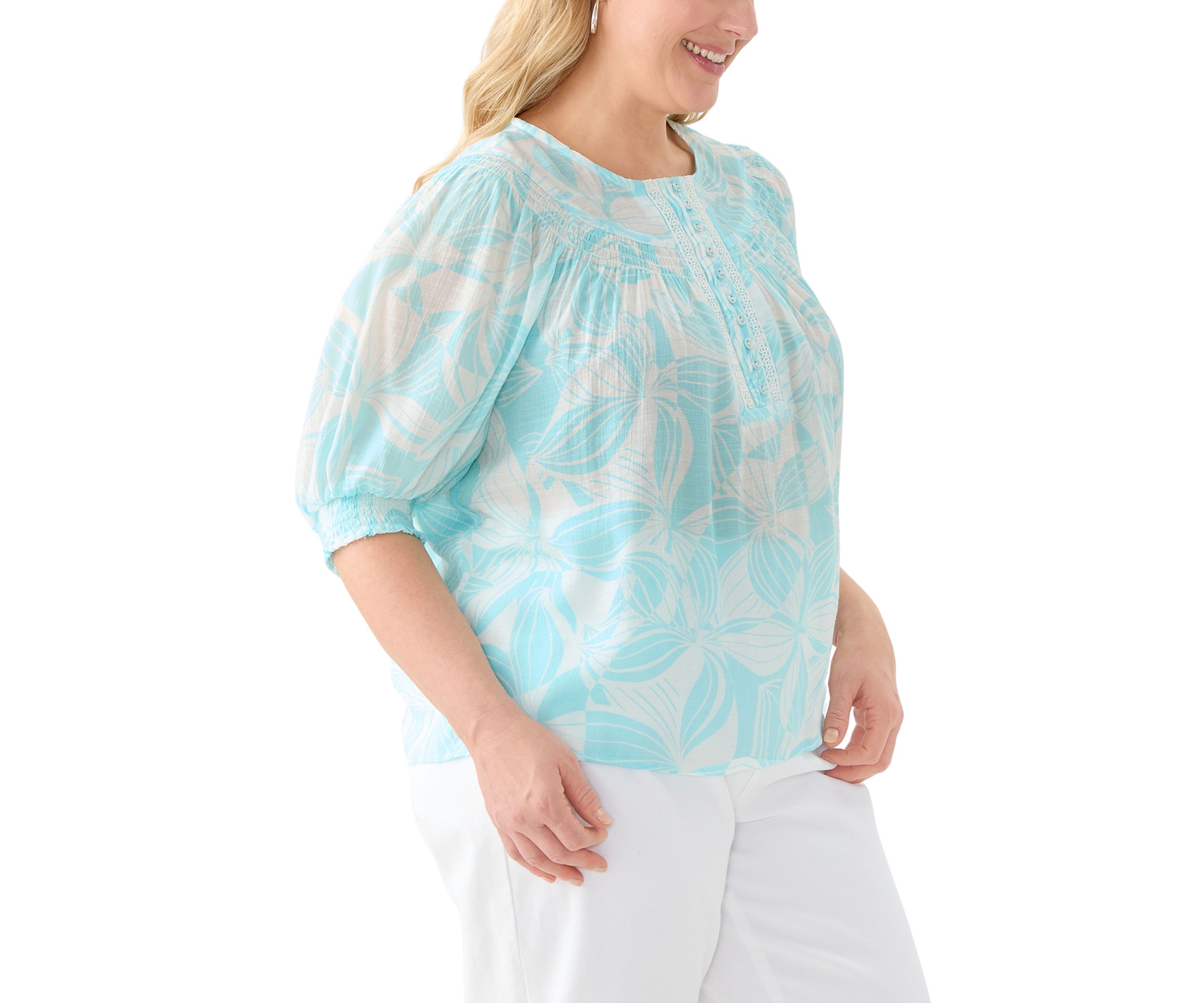 Plus Size Short Sleeve Button Placket Slub Woven Blouse