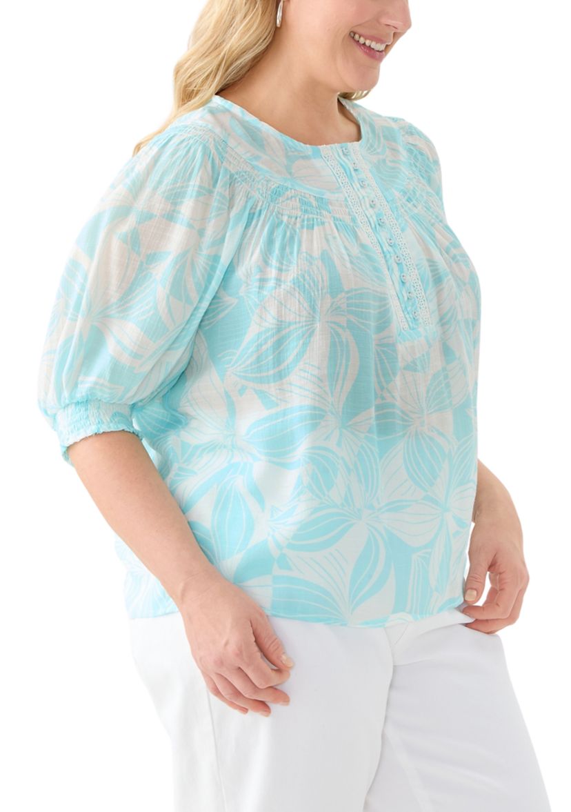 Plus Size Short Sleeve Button Placket Slub Woven Blouse