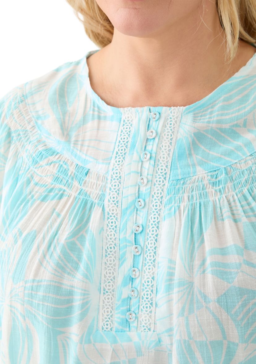 Plus Size Short Sleeve Button Placket Slub Woven Blouse