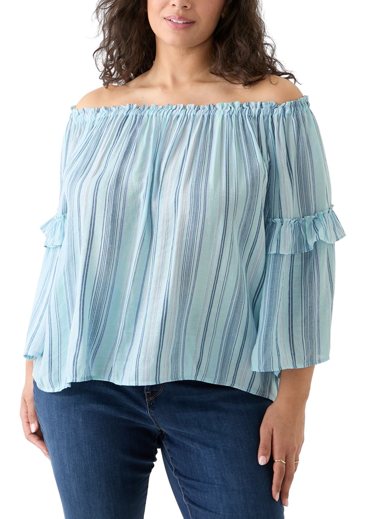 Plus Size Bell Sleeve Printed Off the Shoulder Top