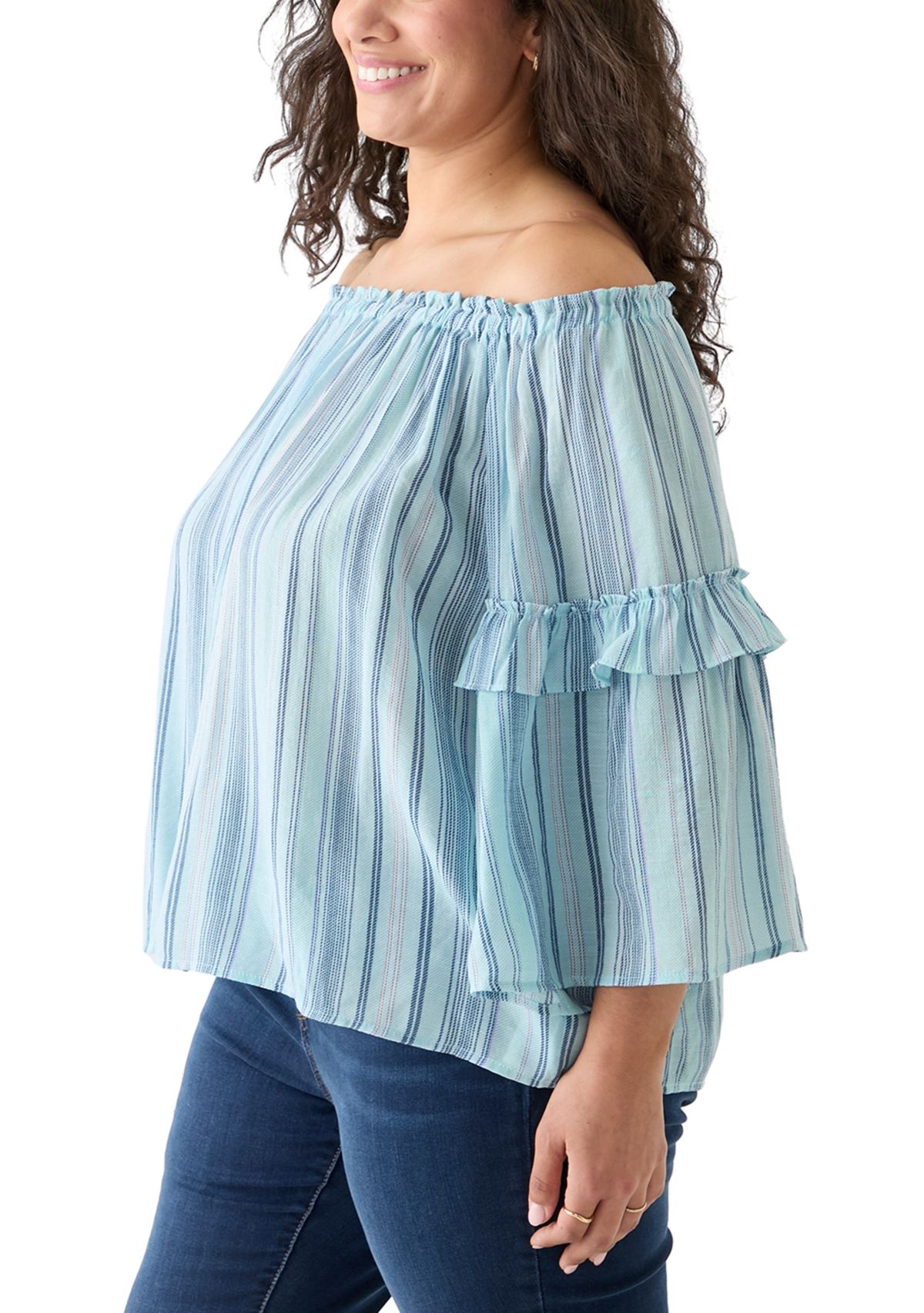 Plus Size Bell Sleeve Printed Off the Shoulder Top