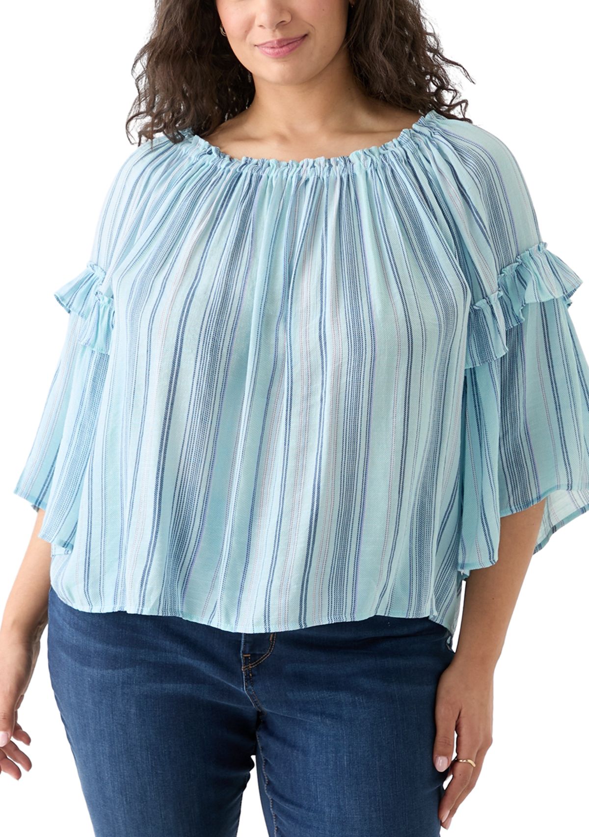 Plus Size Bell Sleeve Printed Off the Shoulder Top