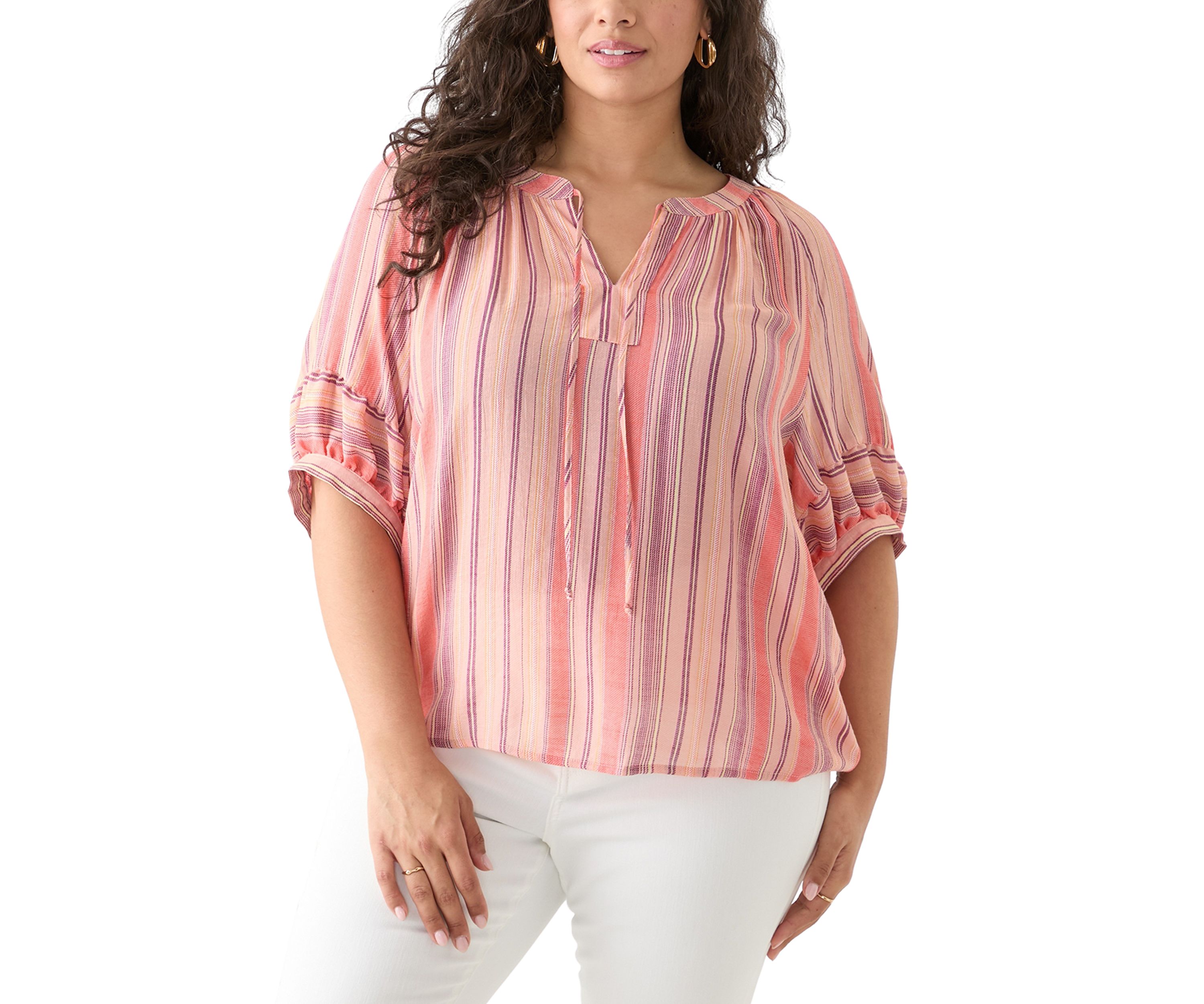 Plus Size Elbow Puff Sleeve Printed Blouse