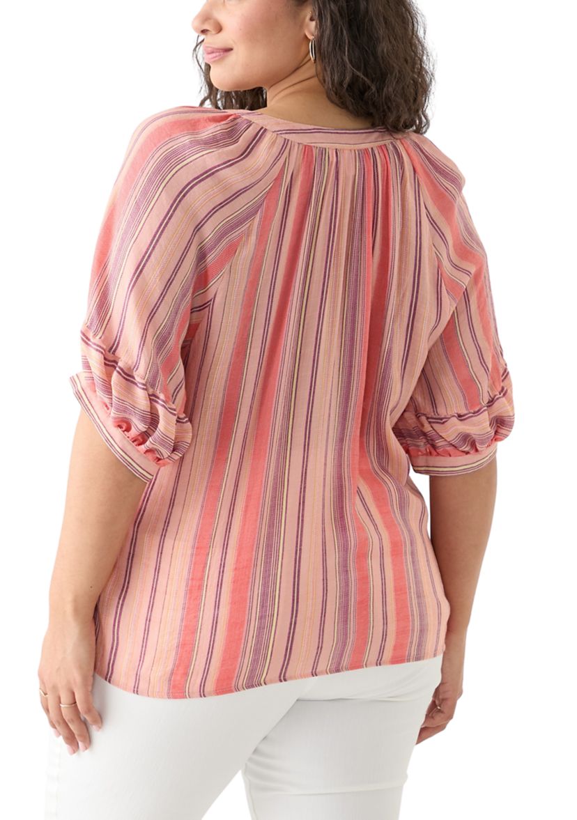Plus Size Elbow Puff Sleeve Printed Blouse