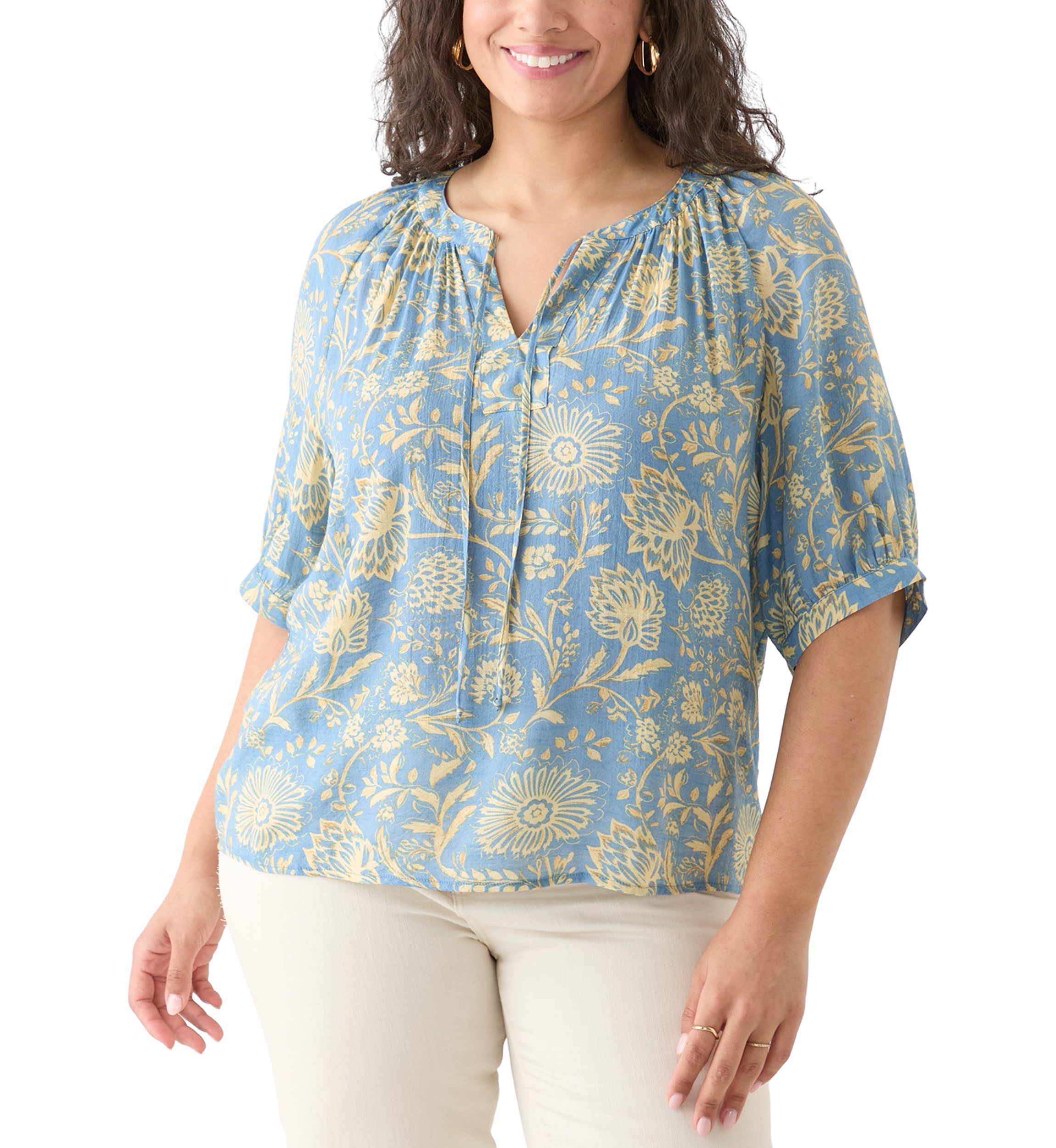 Plus Size Puff Sleeve Printed Peasant Blouse