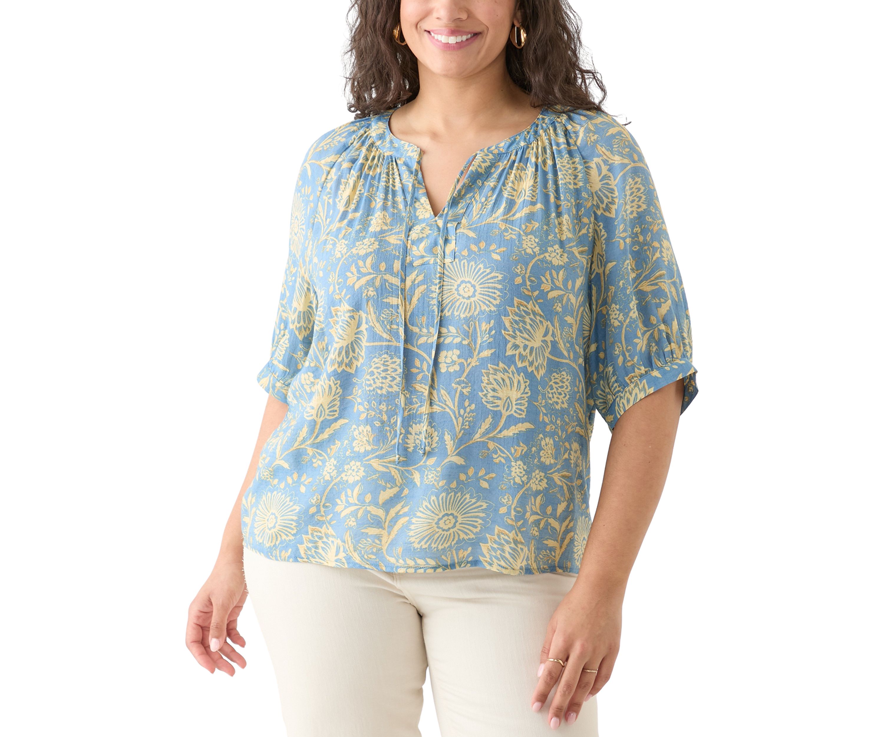 Plus Size Puff Sleeve Printed Peasant Blouse