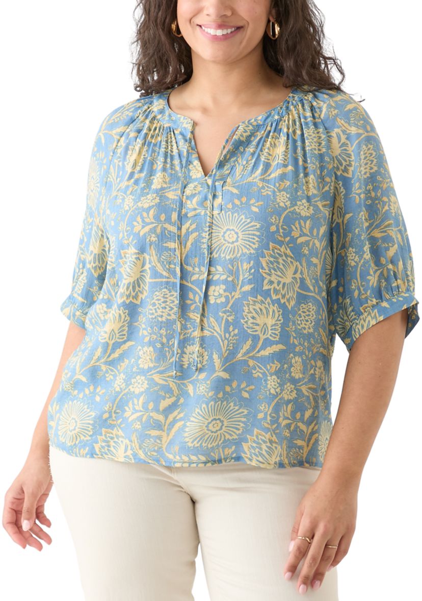 Plus Size Puff Sleeve Printed Peasant Blouse