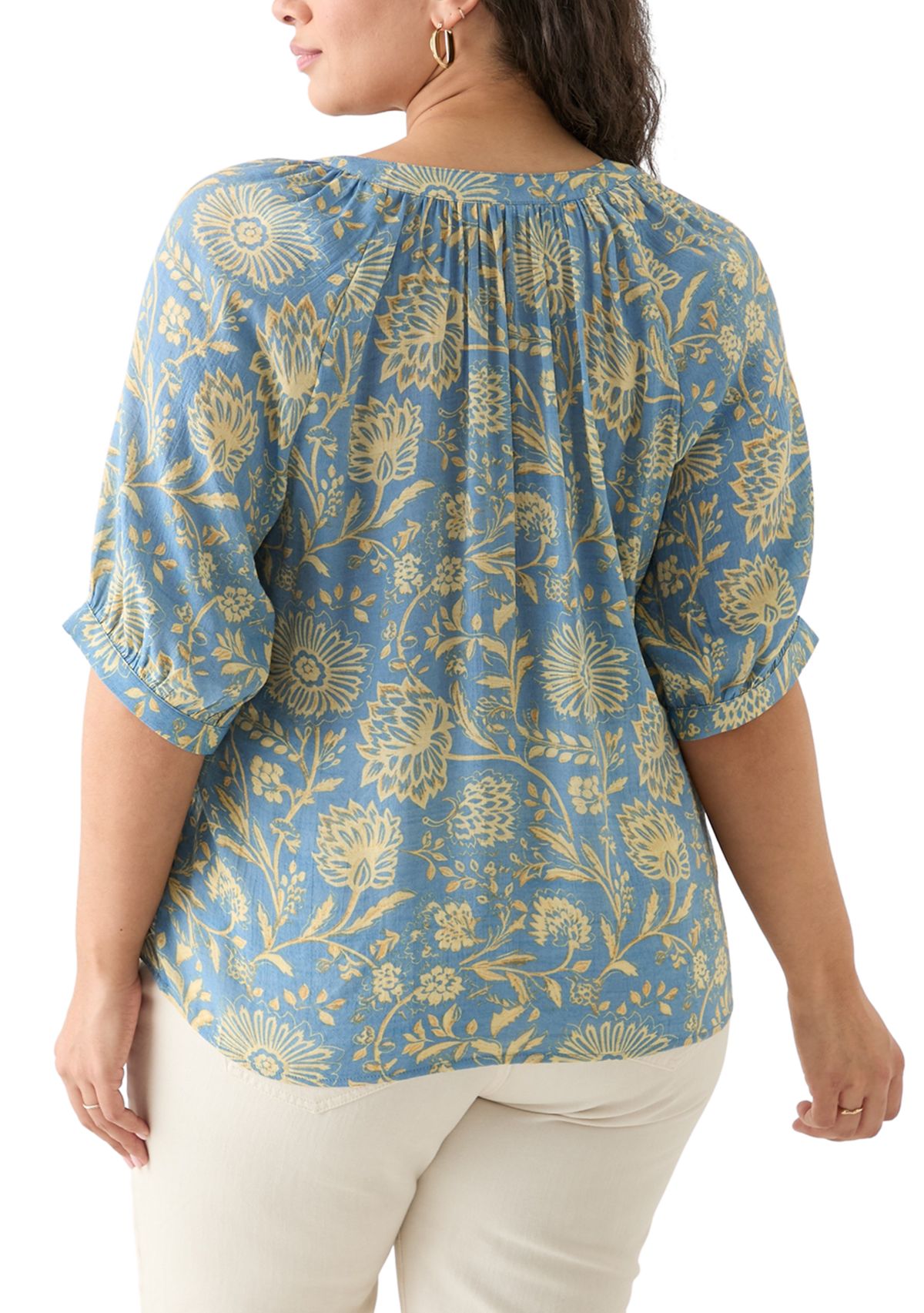 Plus Size Puff Sleeve Printed Peasant Blouse