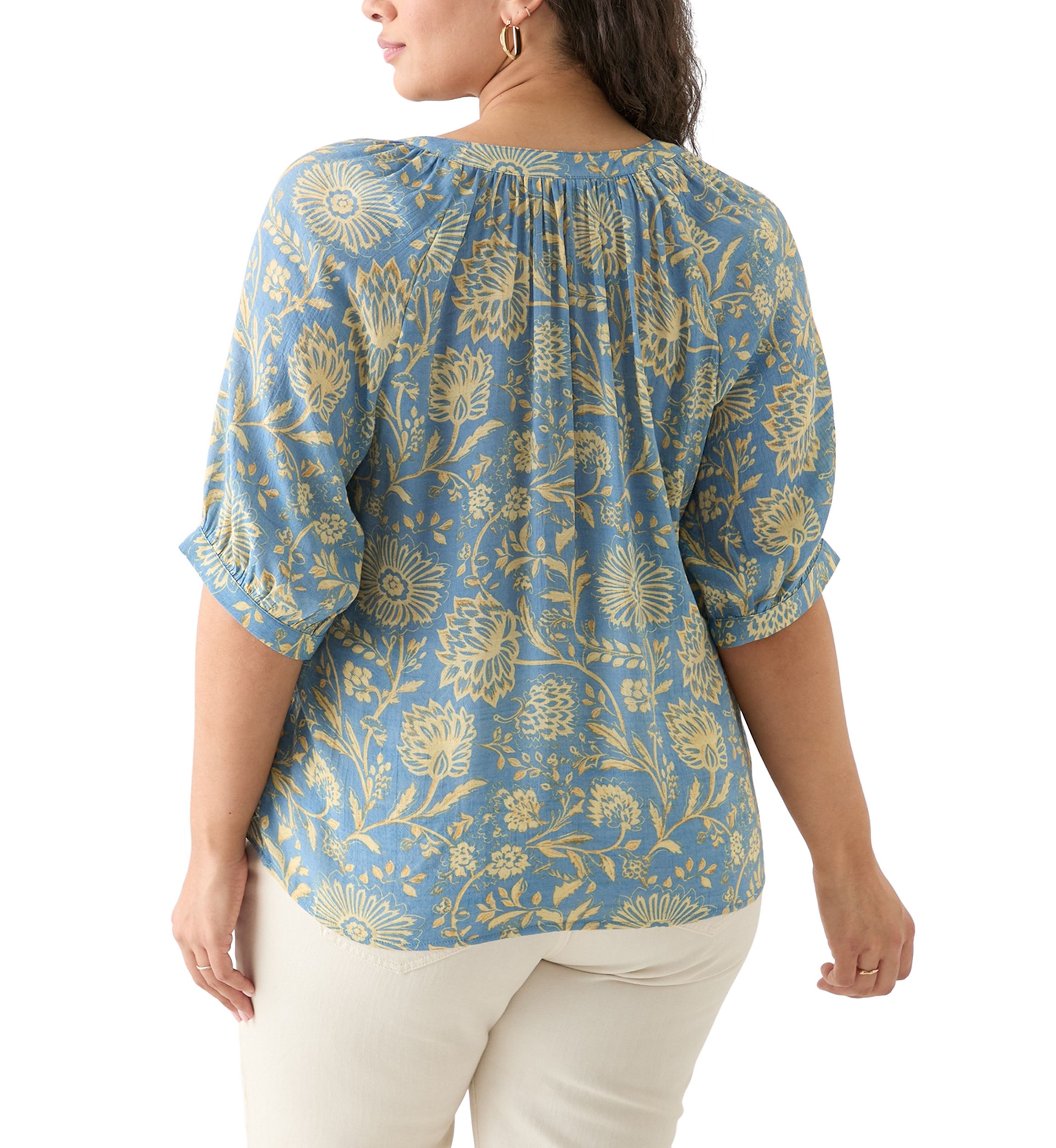 Plus Size Puff Sleeve Printed Peasant Blouse