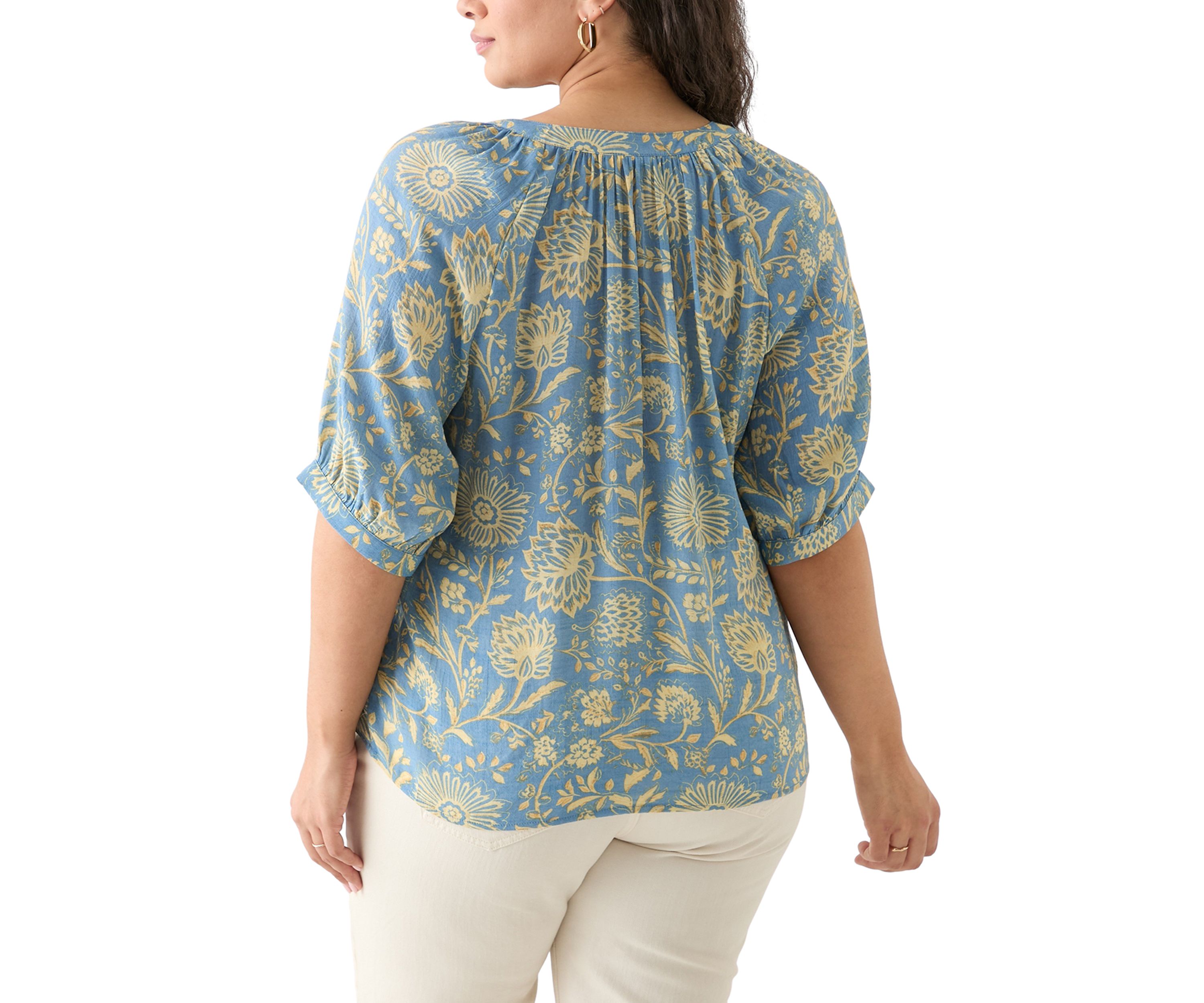 Plus Size Puff Sleeve Printed Peasant Blouse