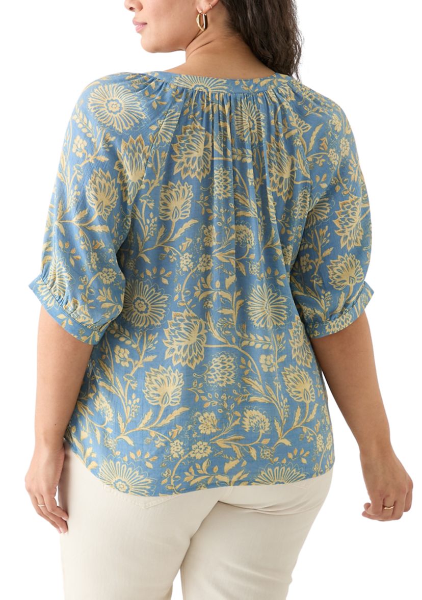 Plus Size Puff Sleeve Printed Peasant Blouse