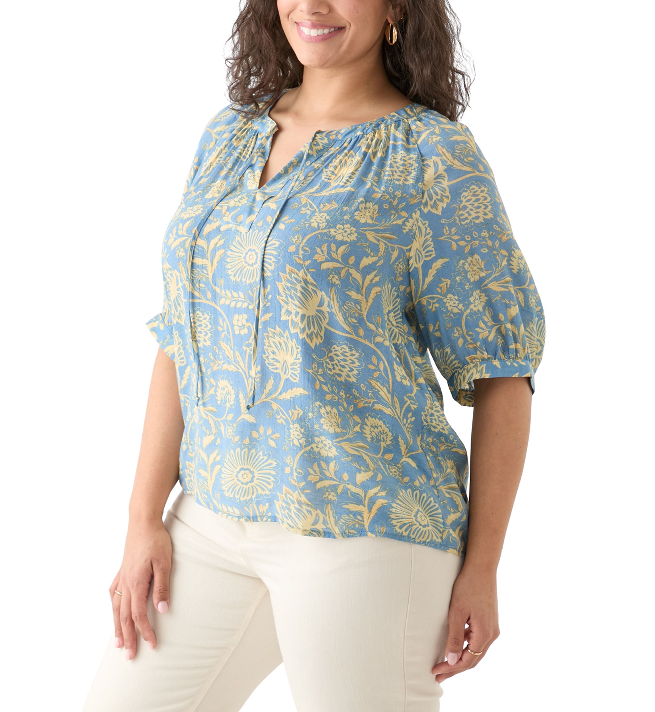 Plus Size Puff Sleeve Printed Peasant Blouse