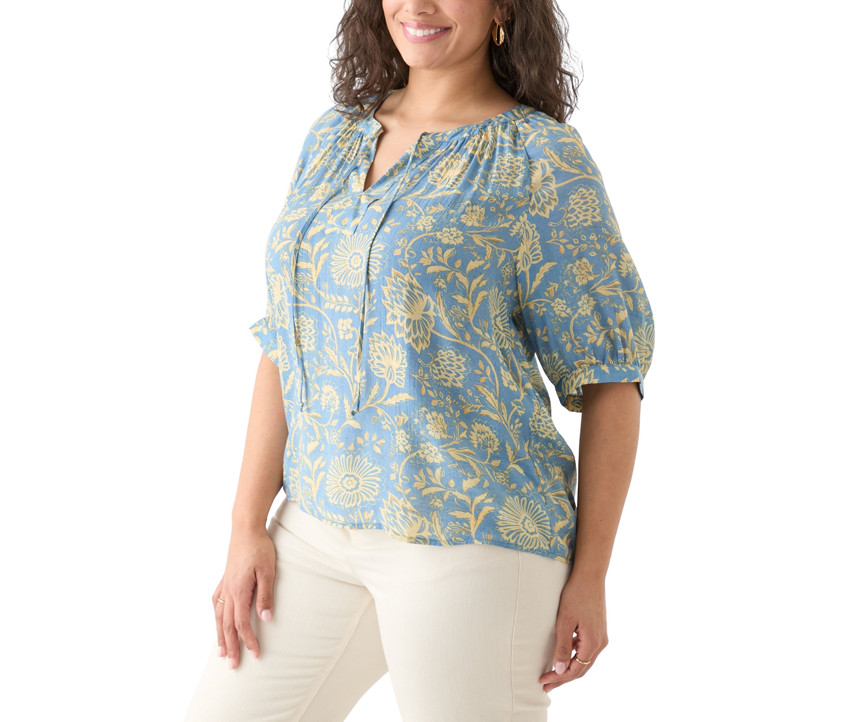 Plus Size Puff Sleeve Printed Peasant Blouse