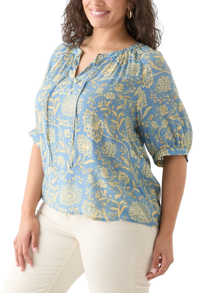 Plus Size Puff Sleeve Printed Peasant Blouse