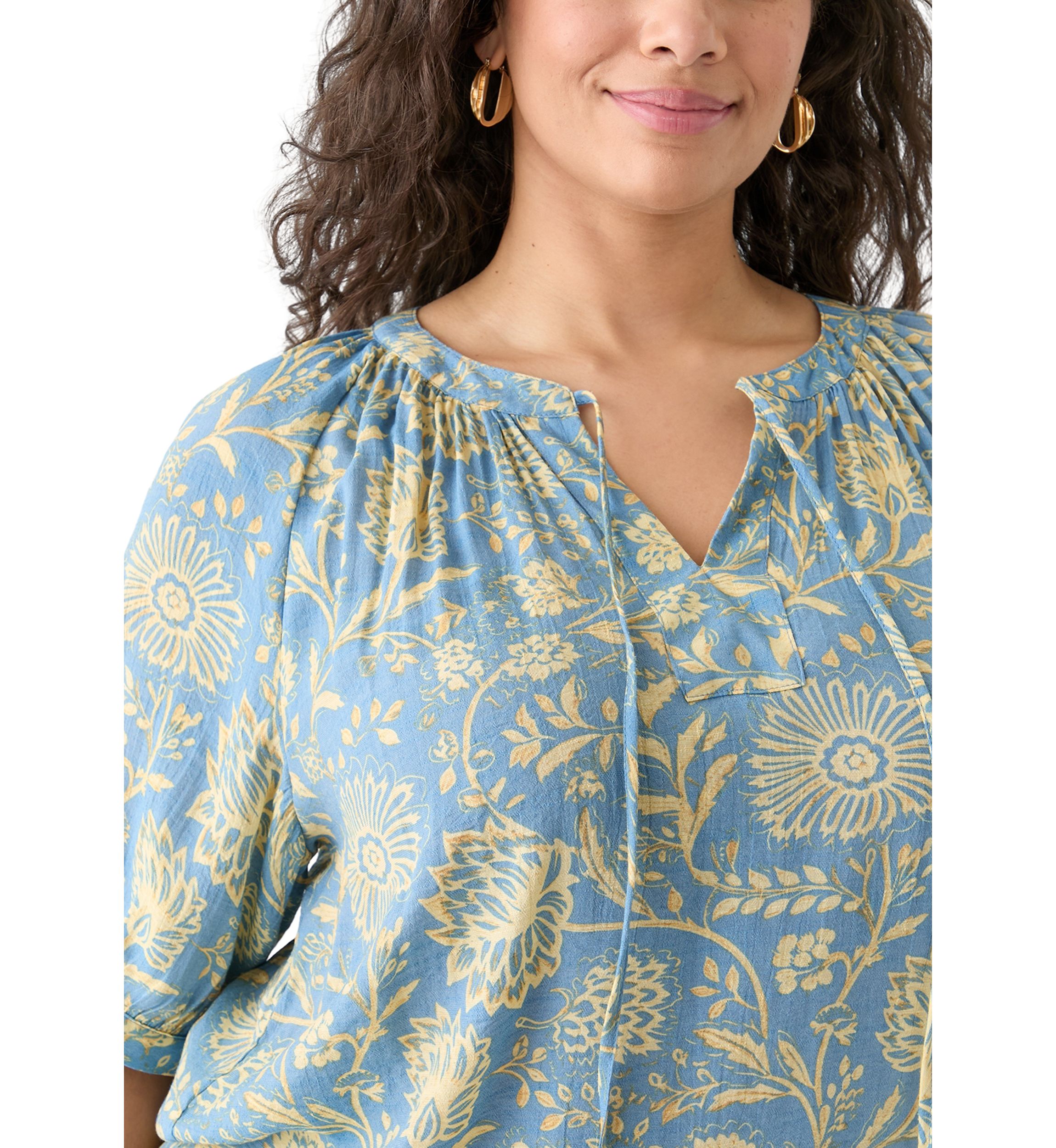 Plus Size Puff Sleeve Printed Peasant Blouse