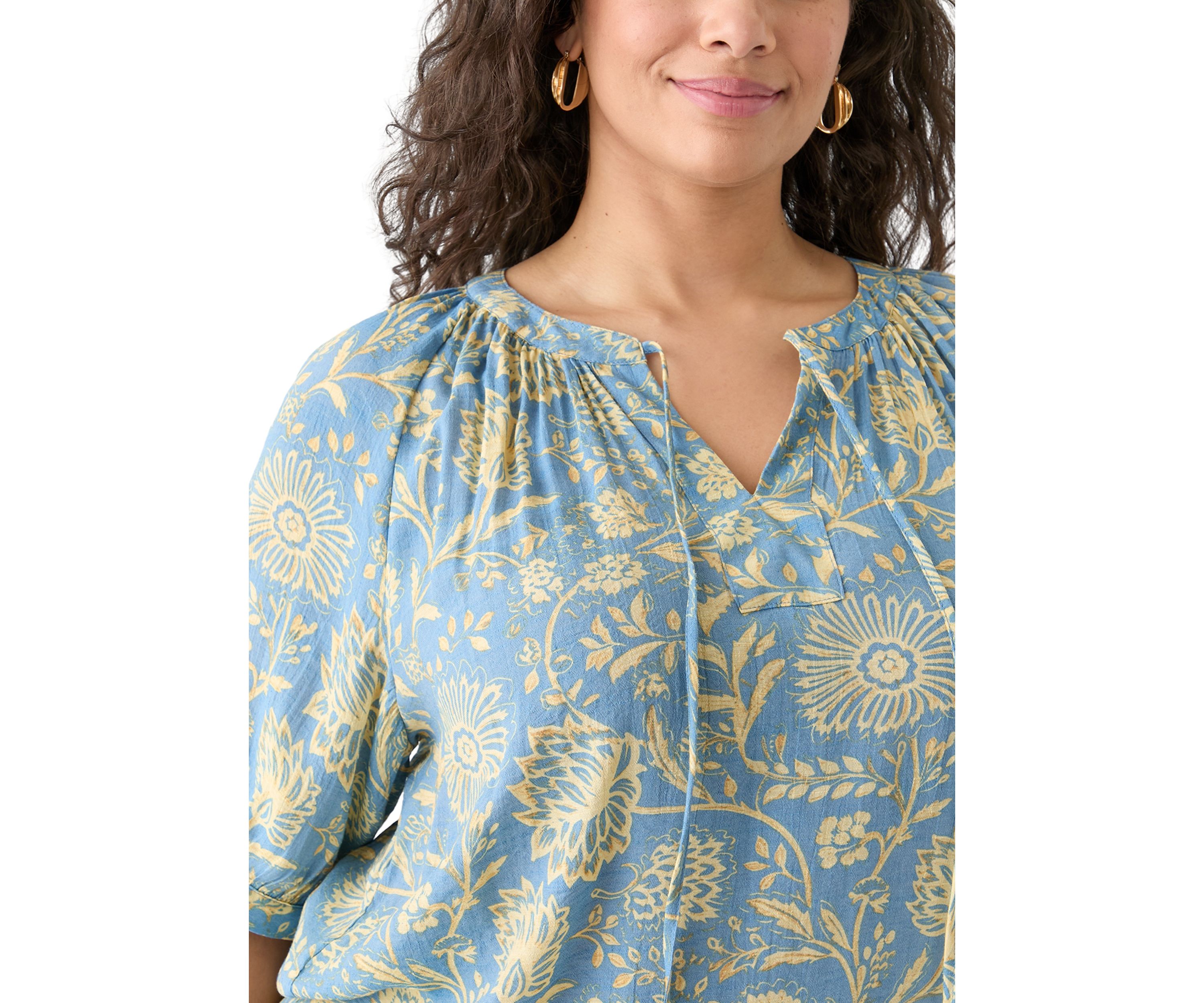 Plus Size Puff Sleeve Printed Peasant Blouse