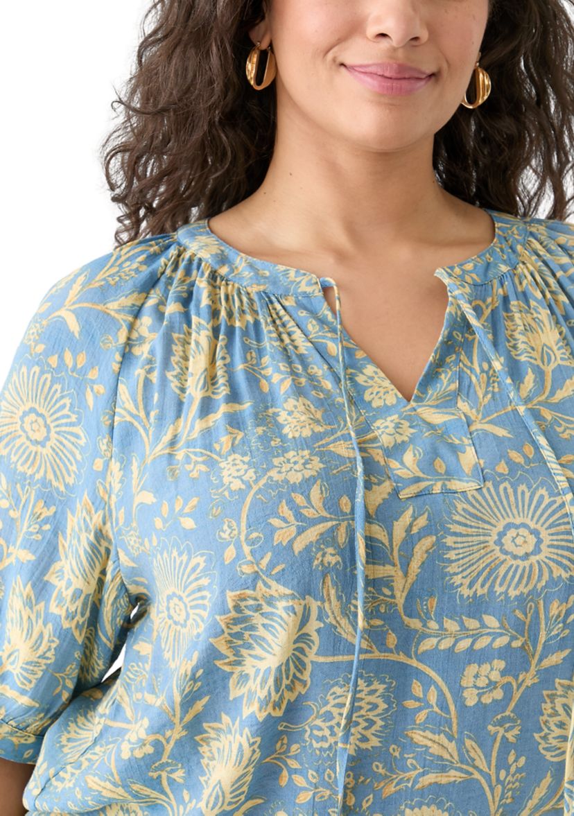 Plus Size Puff Sleeve Printed Peasant Blouse