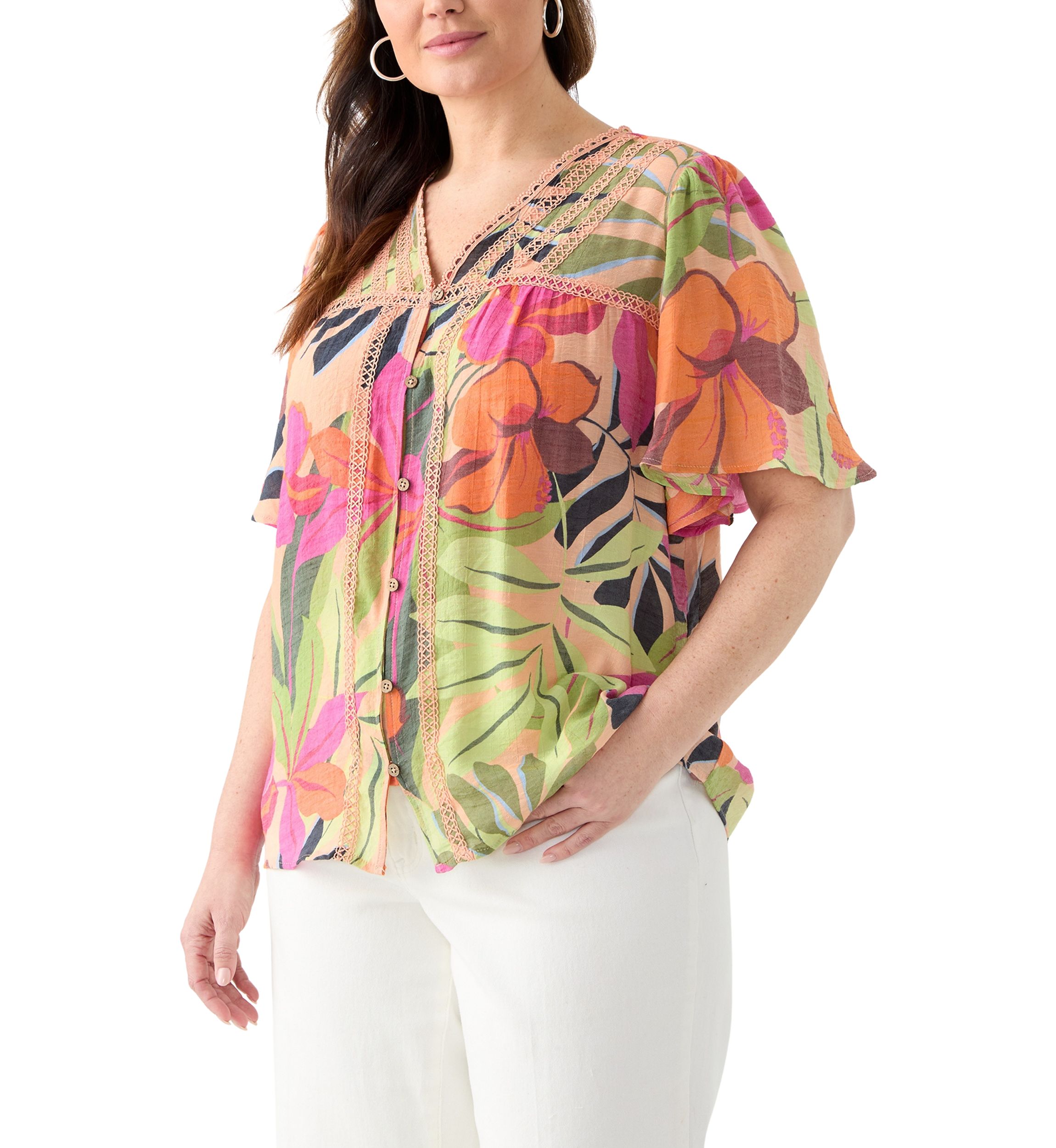 Plus Size Flutter Sleeve V-Neck Button Down Slub Woven Top