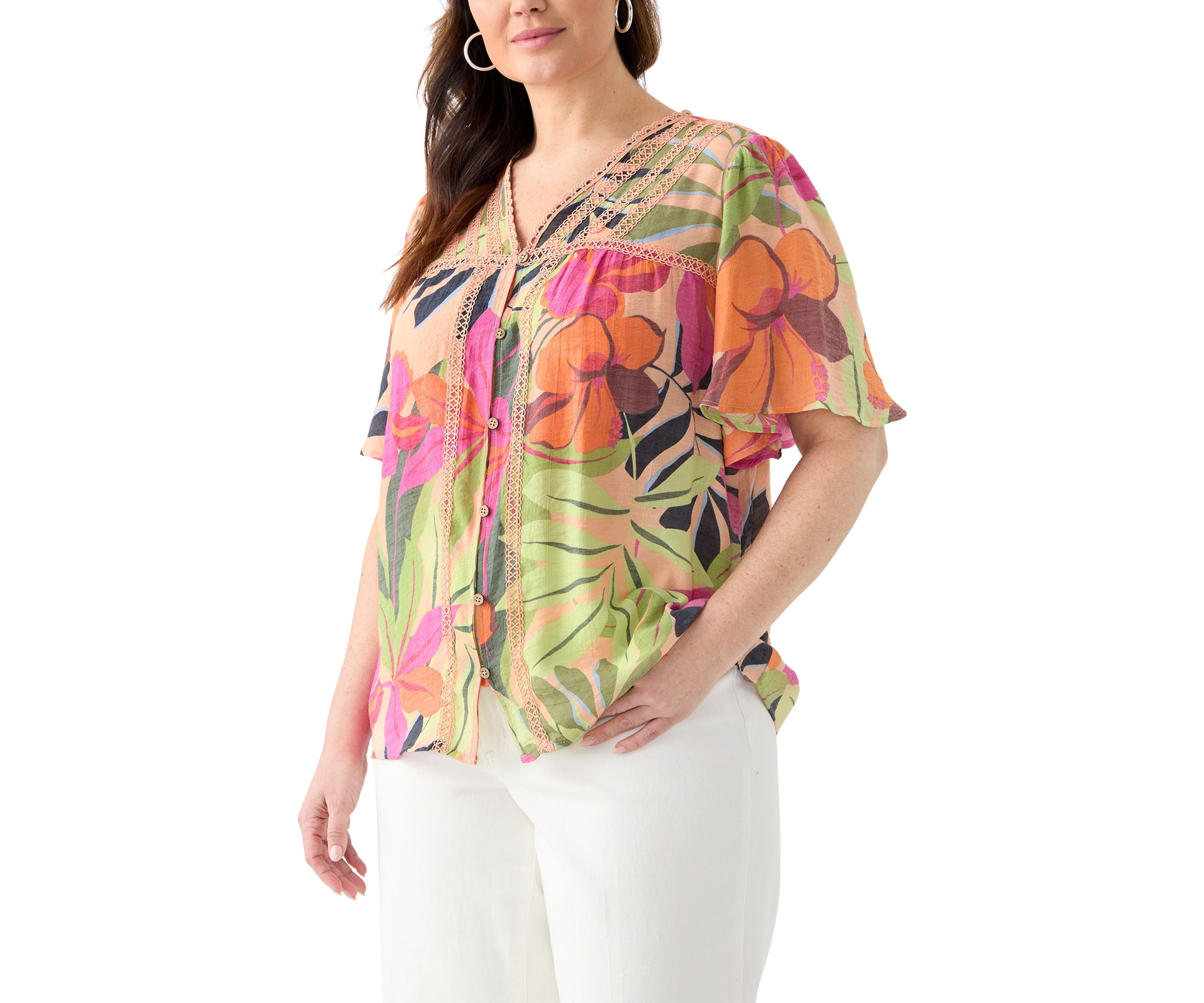 Plus Size Flutter Sleeve V-Neck Button Down Slub Woven Top