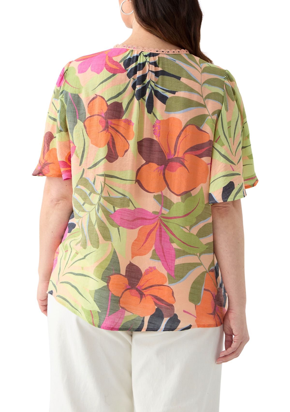 Plus Size Flutter Sleeve V-Neck Button Down Slub Woven Top