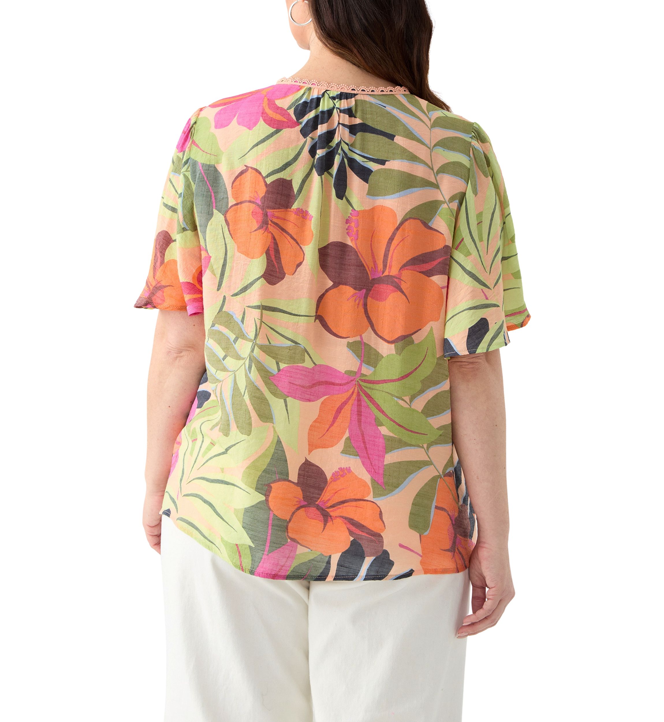 Plus Size Flutter Sleeve V-Neck Button Down Slub Woven Top