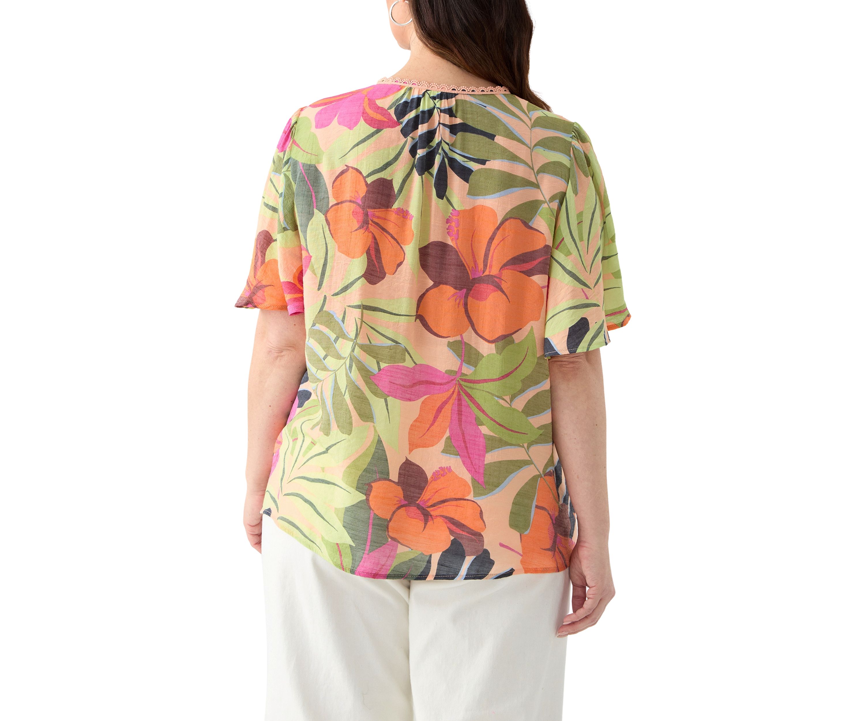 Plus Size Flutter Sleeve V-Neck Button Down Slub Woven Top