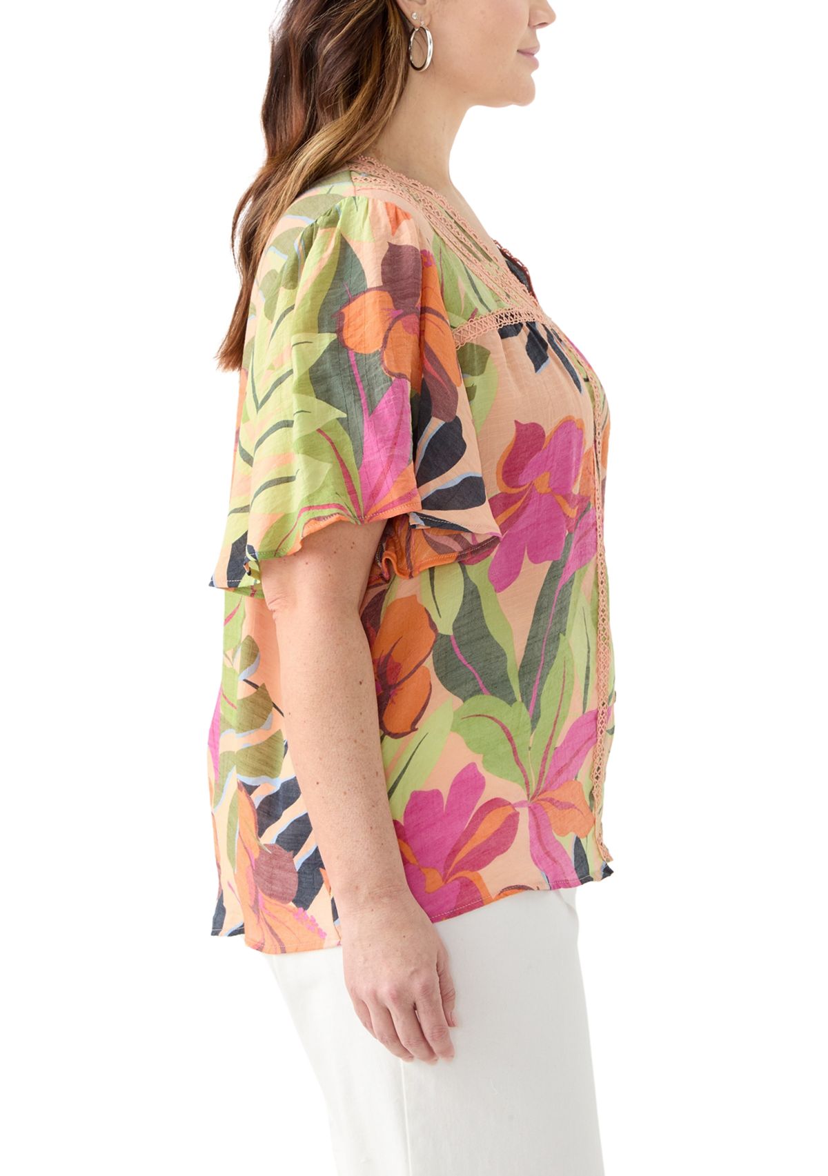 Plus Size Flutter Sleeve V-Neck Button Down Slub Woven Top