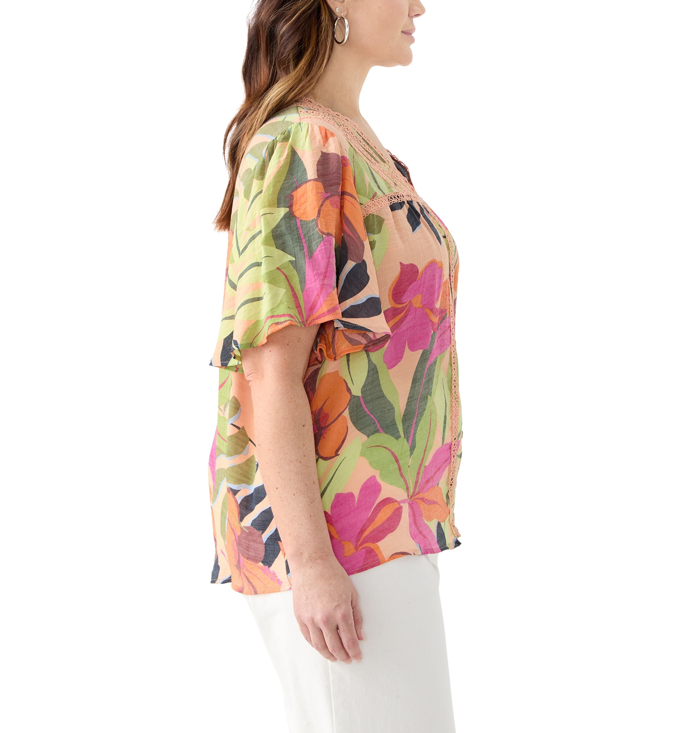 Plus Size Flutter Sleeve V-Neck Button Down Slub Woven Top