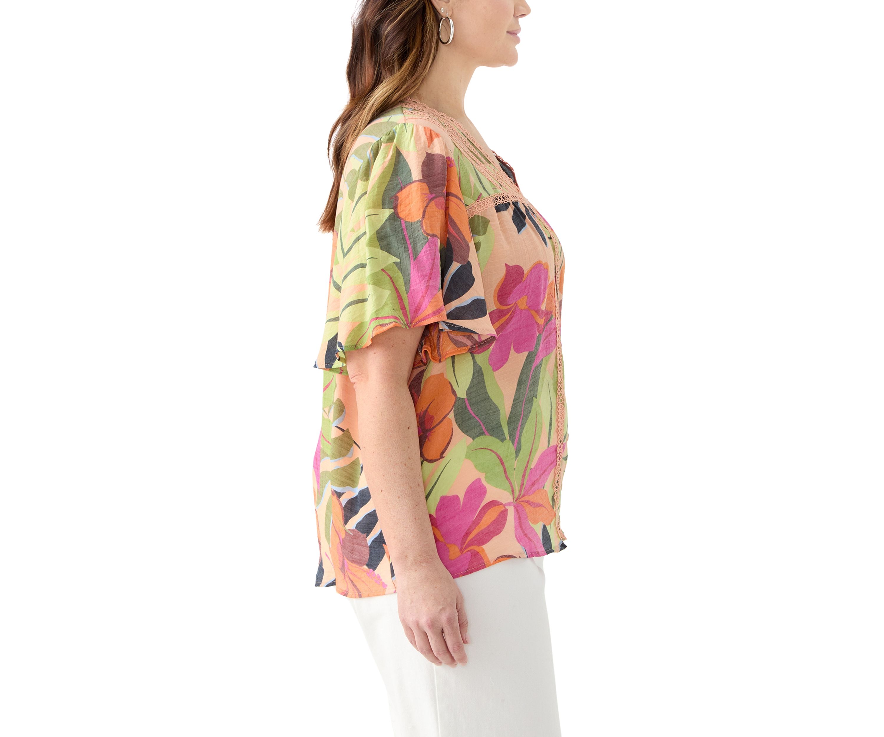 Plus Size Flutter Sleeve V-Neck Button Down Slub Woven Top