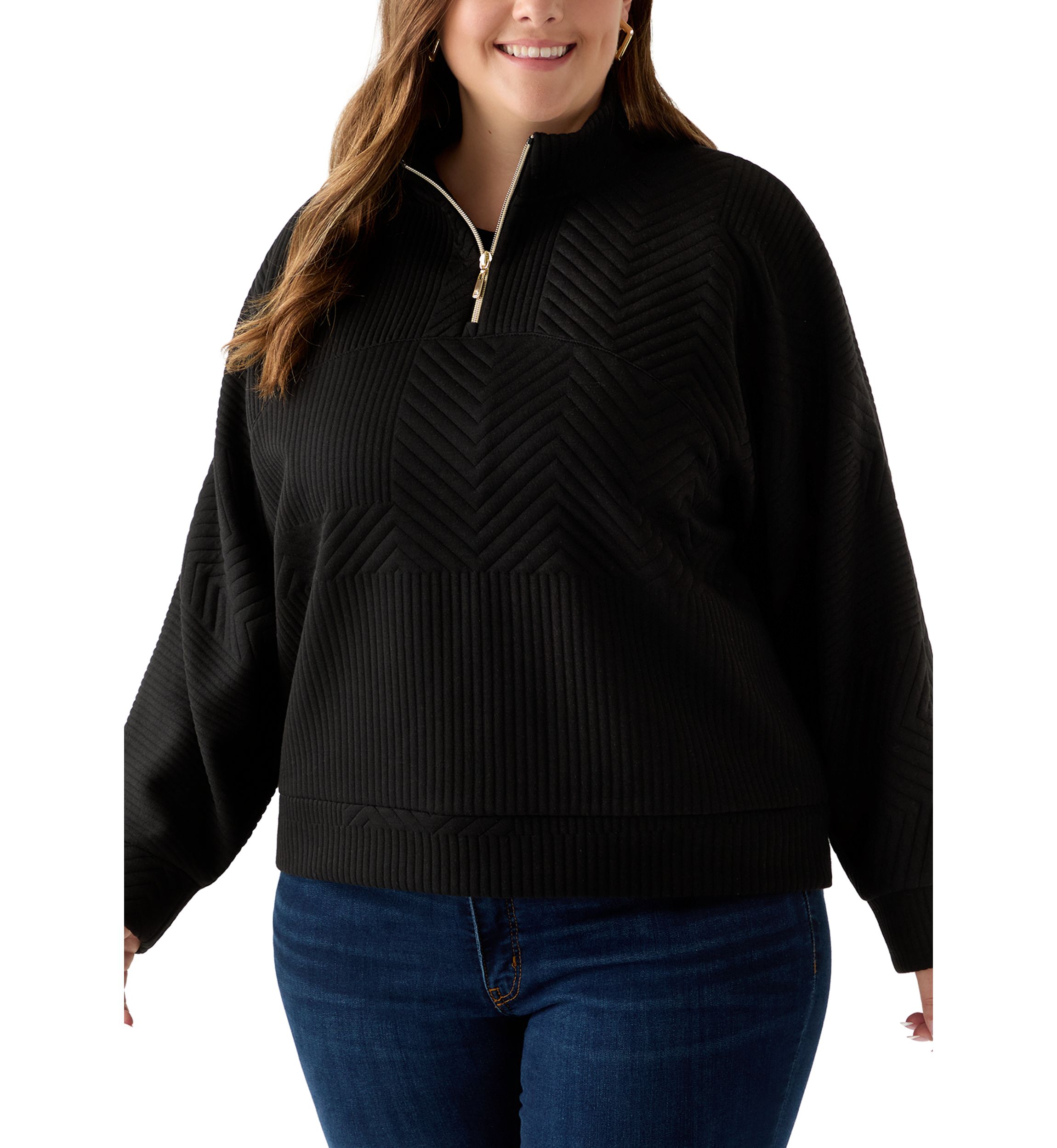Plus Size Long Sleeve Textured Quarter Zip Pullover