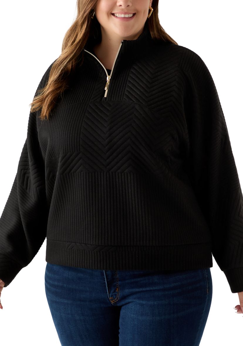 Plus Size Long Sleeve Textured Quarter Zip Pullover