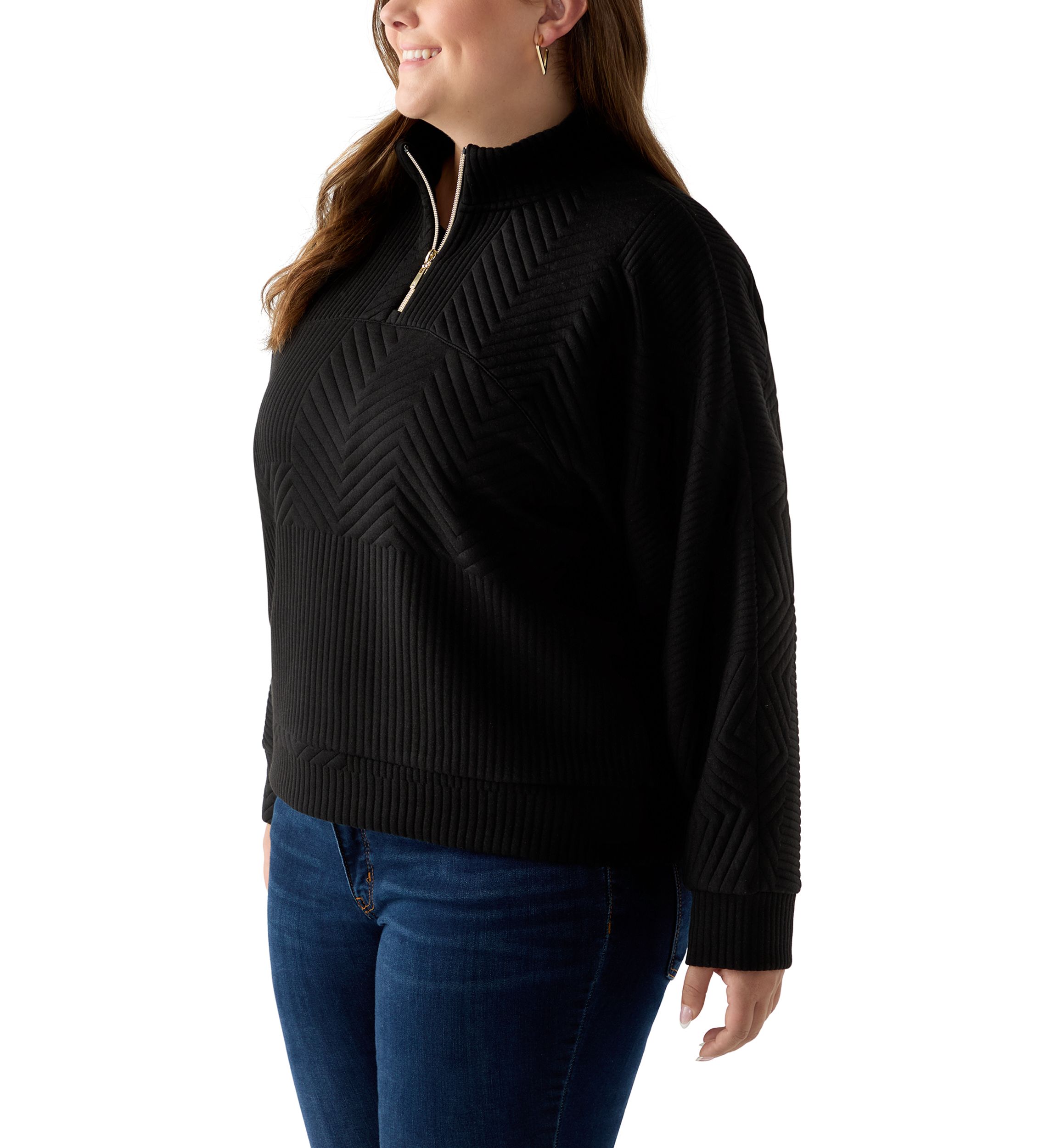Plus Size Long Sleeve Textured Quarter Zip Pullover