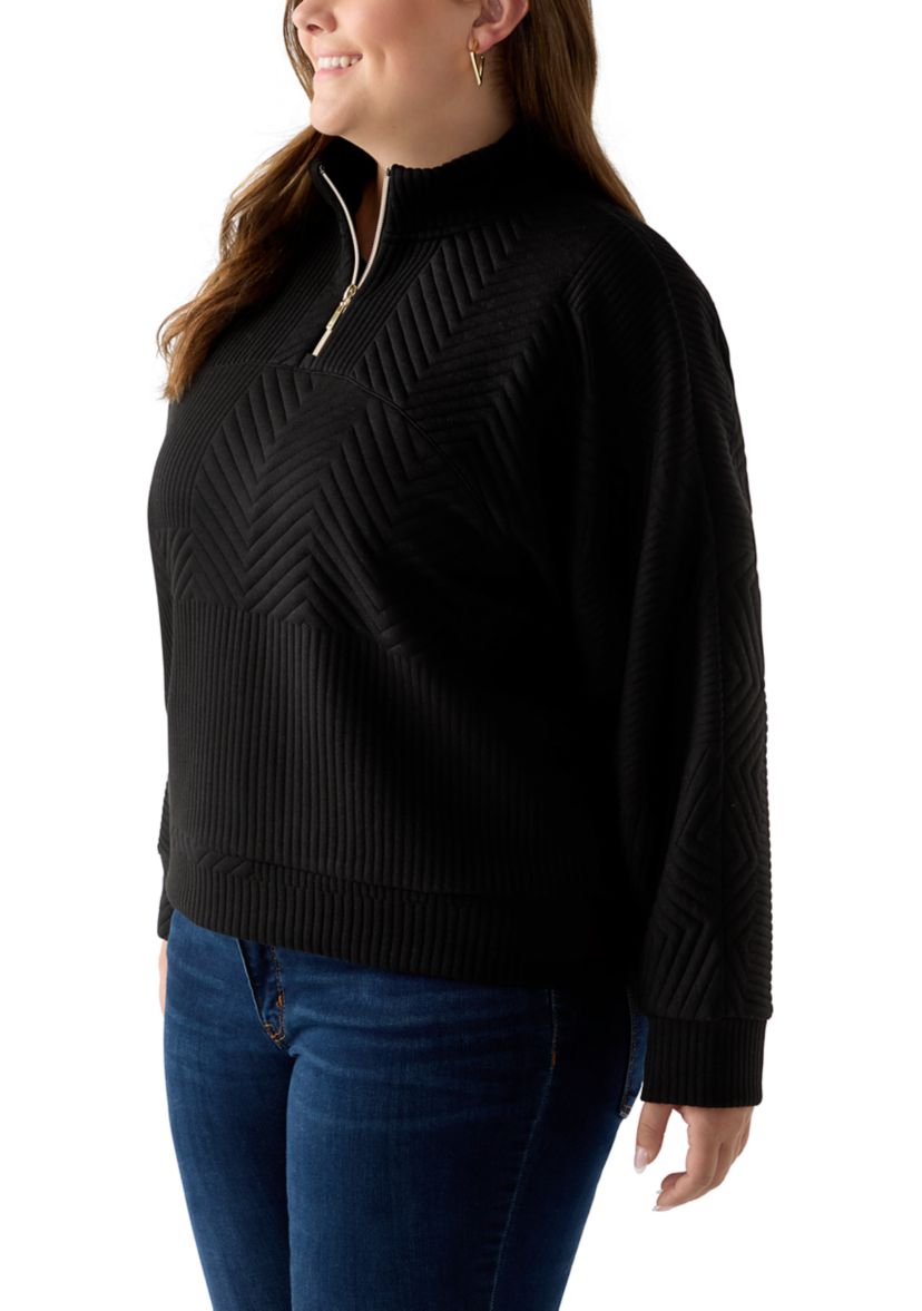 Plus Size Long Sleeve Textured Quarter Zip Pullover