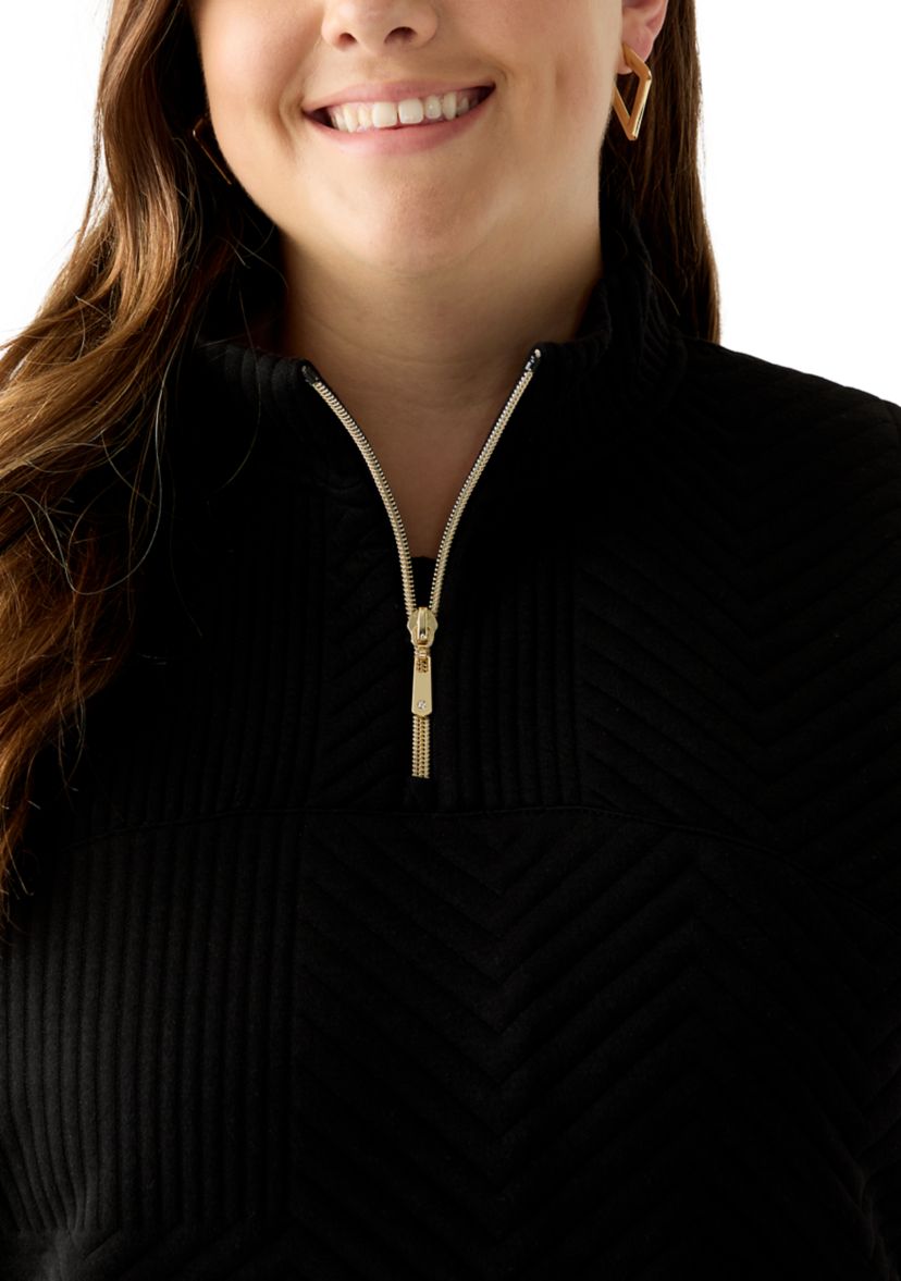 Plus Size Long Sleeve Textured Quarter Zip Pullover