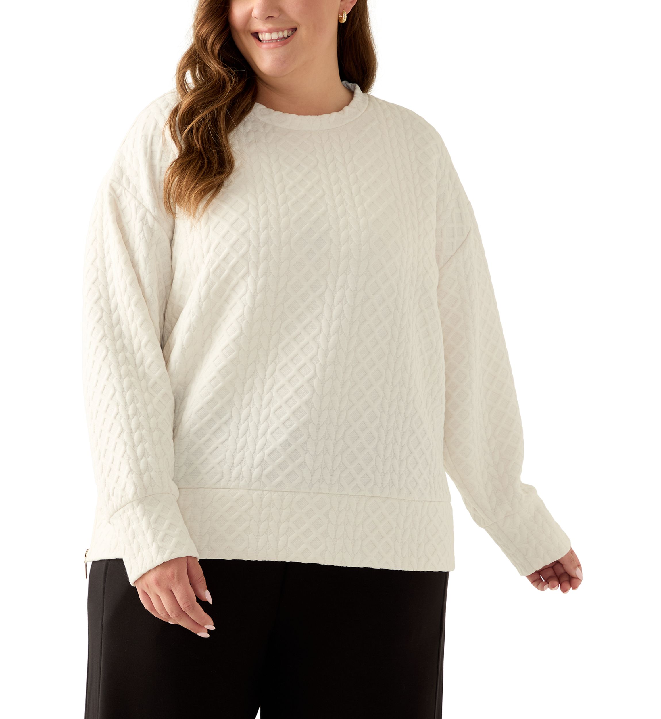 Plus Size Long Sleeve Textured Crew Sweater with Side Zips