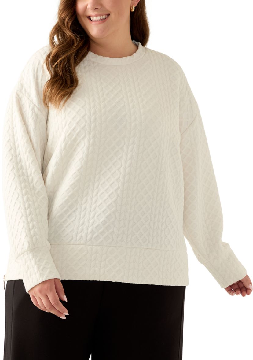 Plus Size Long Sleeve Textured Crew Sweater with Side Zips