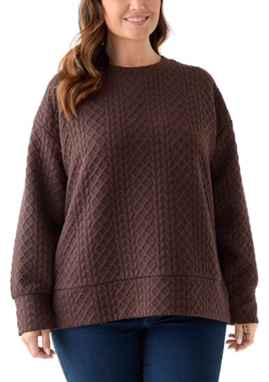 Plus Size Long Sleeve Textured Crew Sweater with Side Zips
