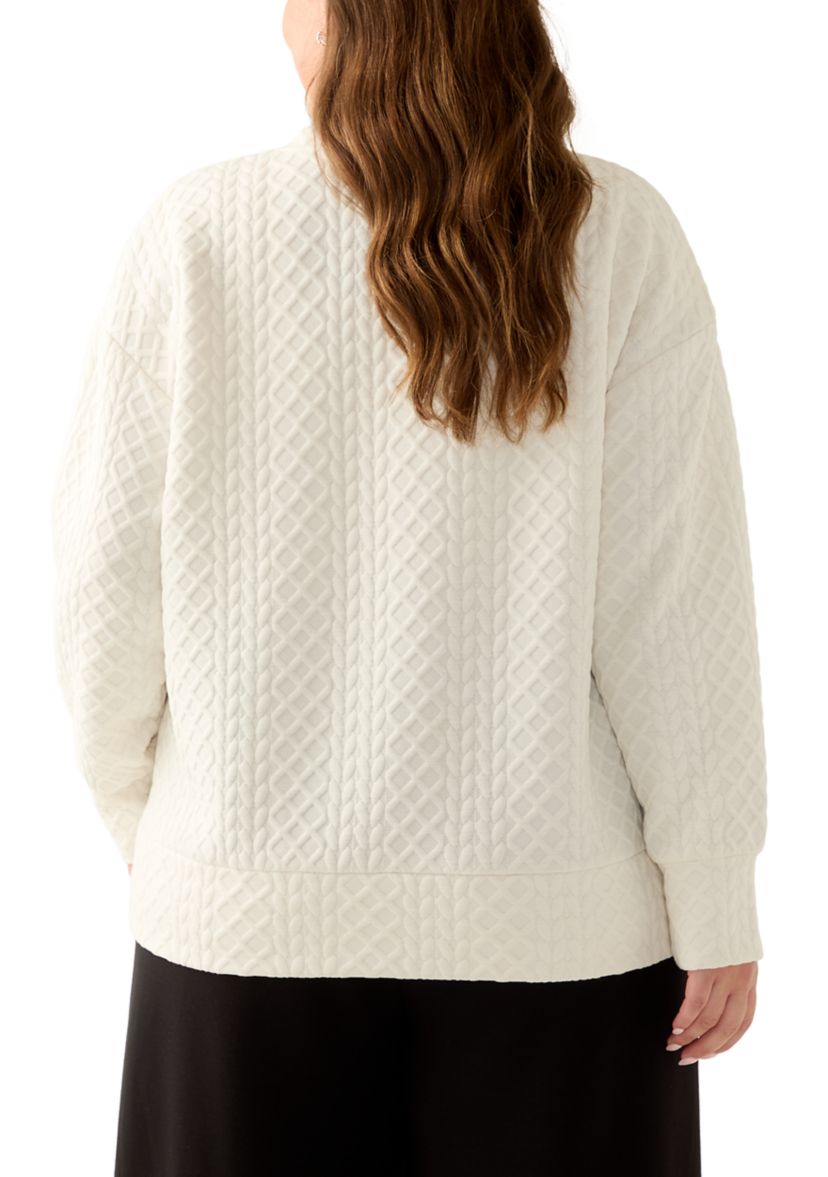 Plus Size Long Sleeve Textured Crew Sweater with Side Zips