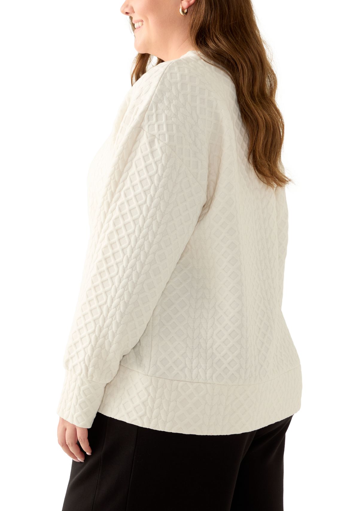Plus Size Long Sleeve Textured Crew Sweater with Side Zips
