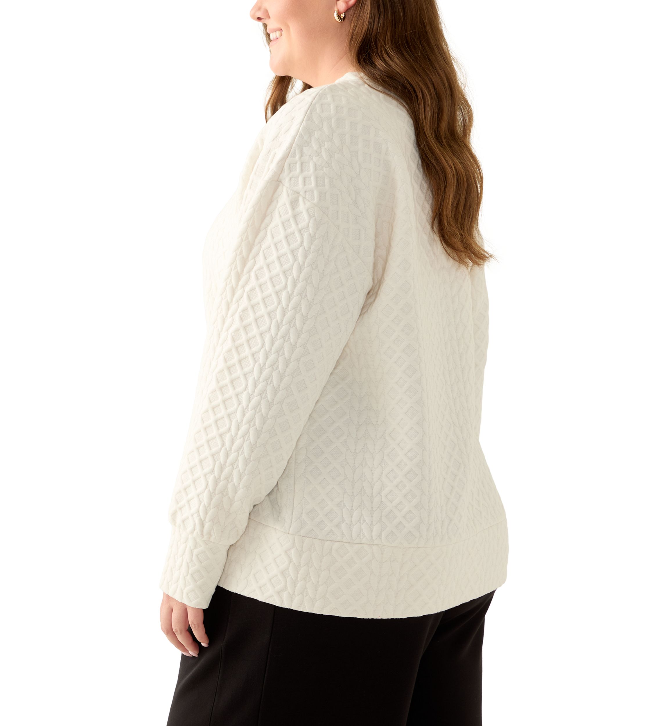 Plus Size Long Sleeve Textured Crew Sweater with Side Zips